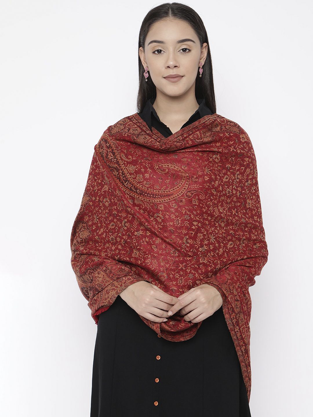 Pashmoda Women Red & Brown Woven-Design Jamawar Shawl Price in India