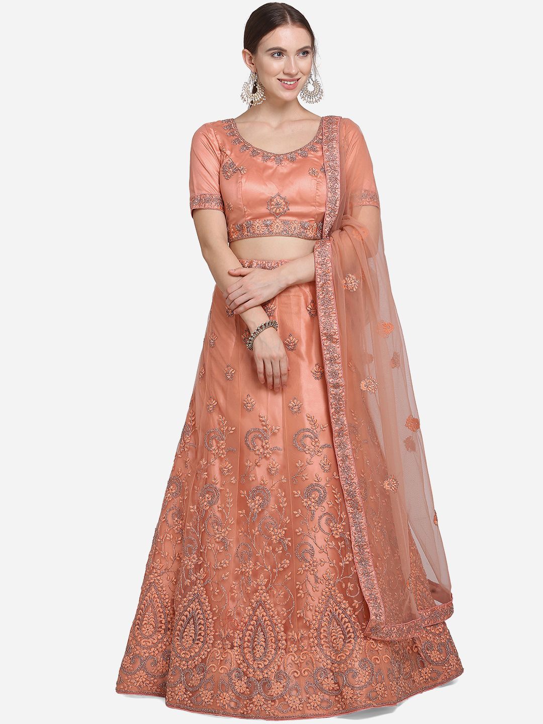 VRSALES Peach Semi-Stitched Lehenga & Unstitched Blouse with Dupatta Price in India