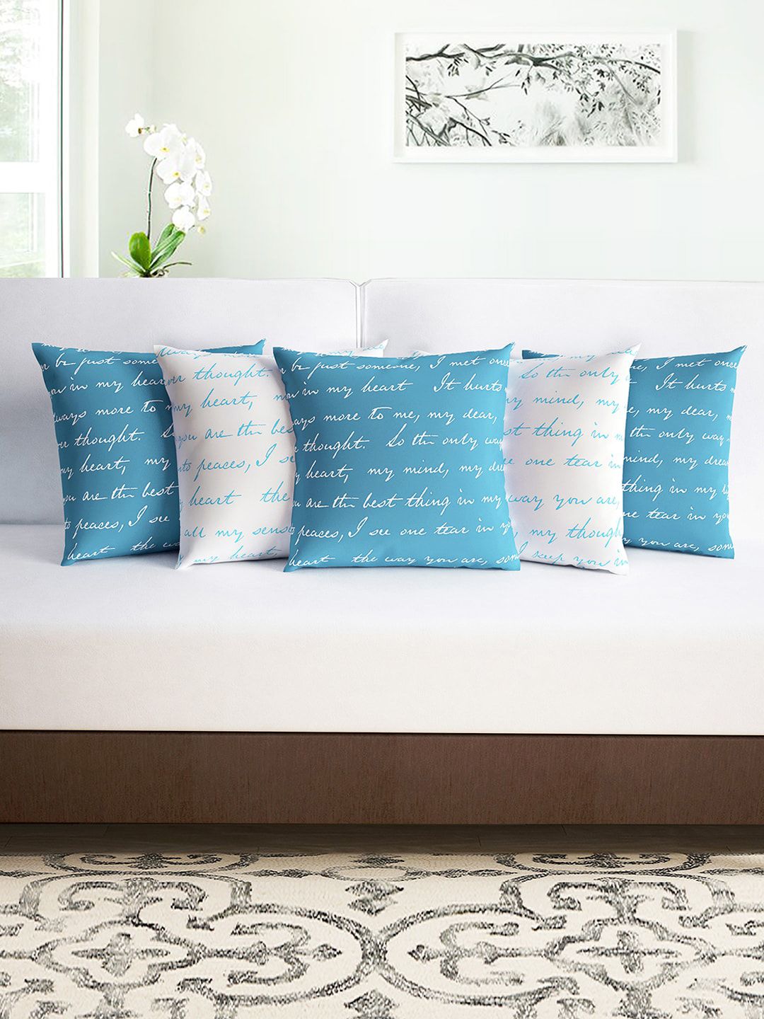 Divine Casa Blue & White Set of 5 Abstract Square Cushion Covers Price in India