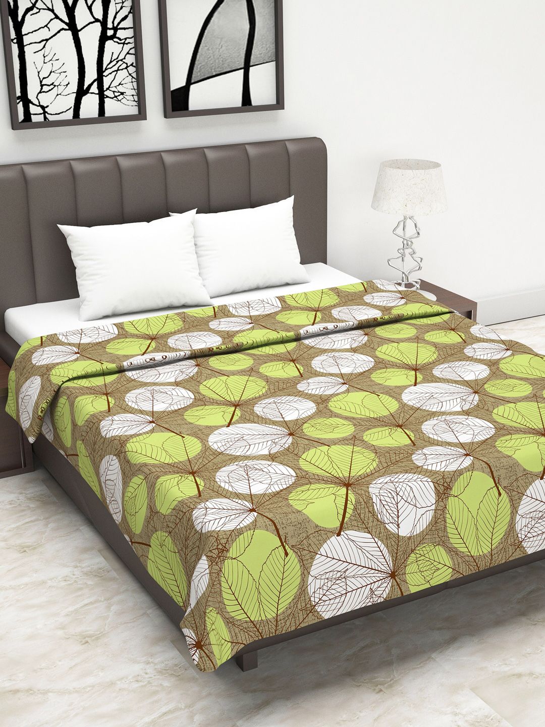 Divine Casa Khaki & Green Floral AC Room 110 GSM Double Bed Dohar Price in India