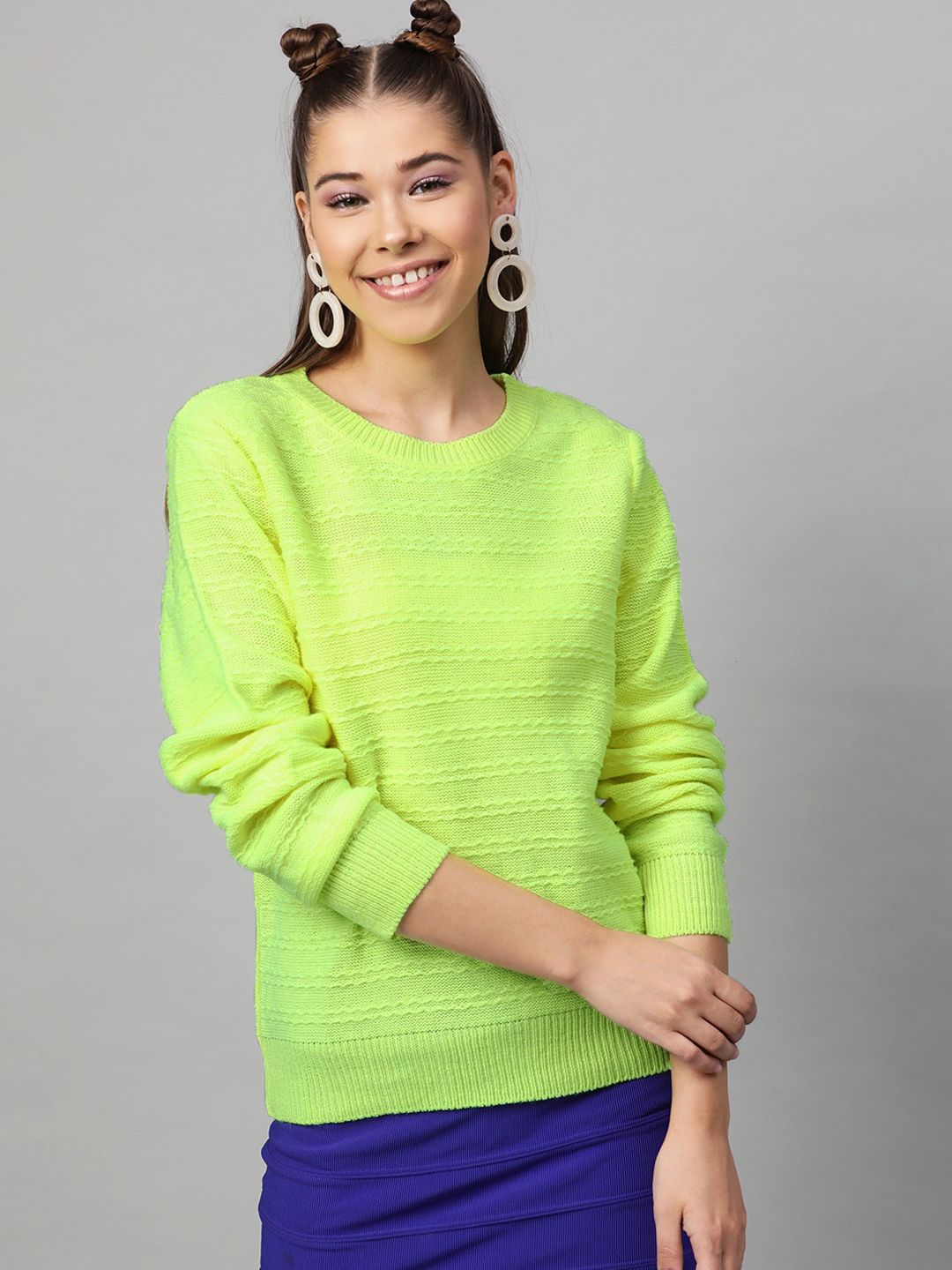 STREET 9 Women Fluorescent Green Self Design Pullover Sweater Price in India