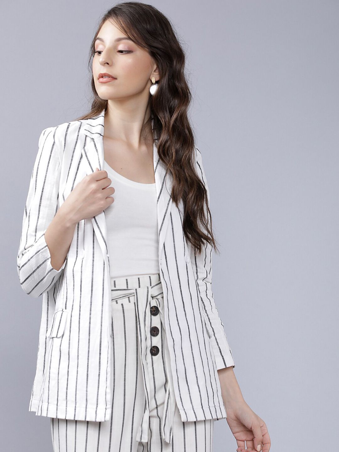 Tokyo Talkies Women Off-White & Grey Striped Double-Breasted Casual Pure Cotton Blazer Price in India
