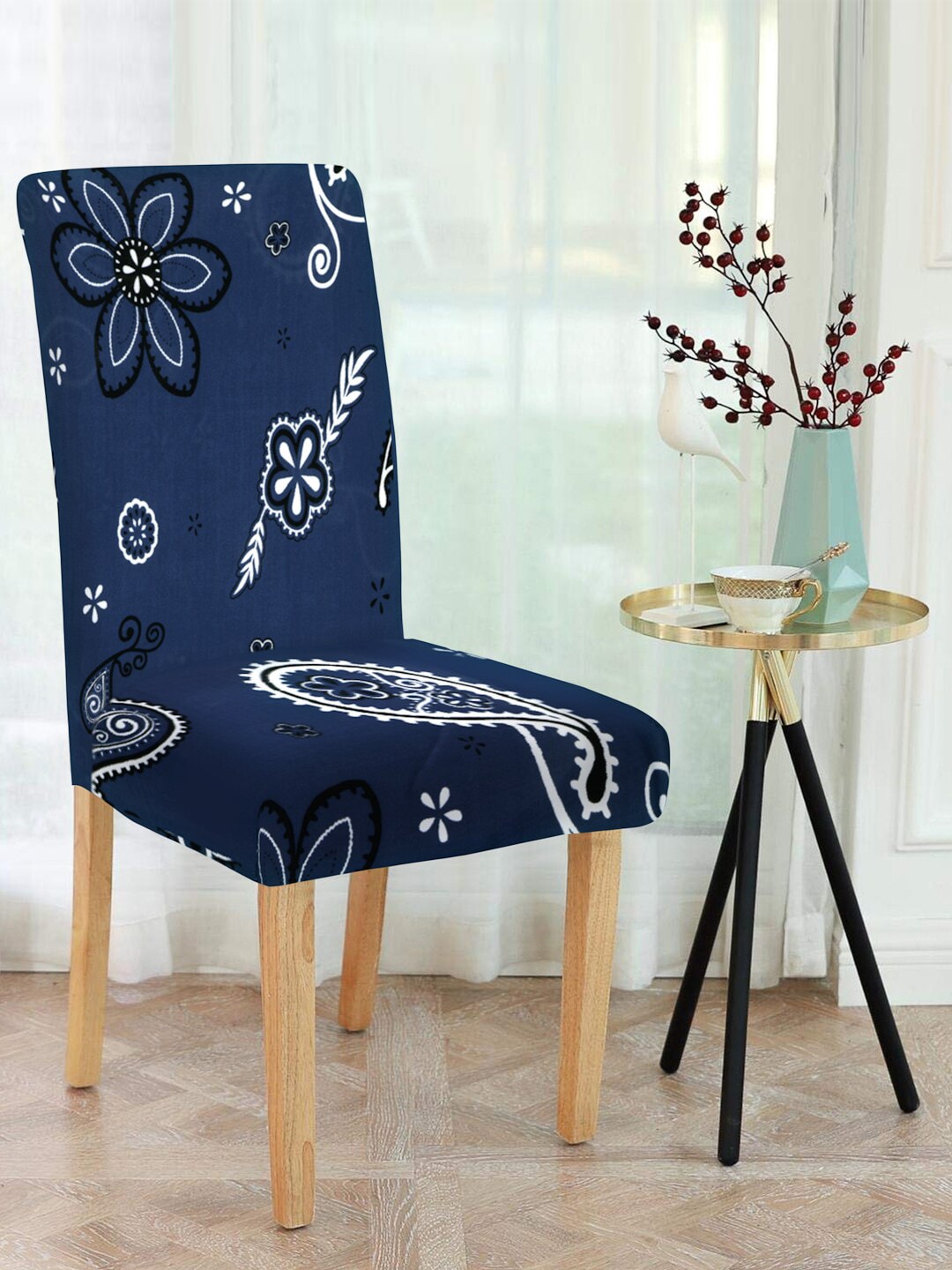 Cortina Set of 6 Navy Blue & White Floral Print Chair Covers Price in India