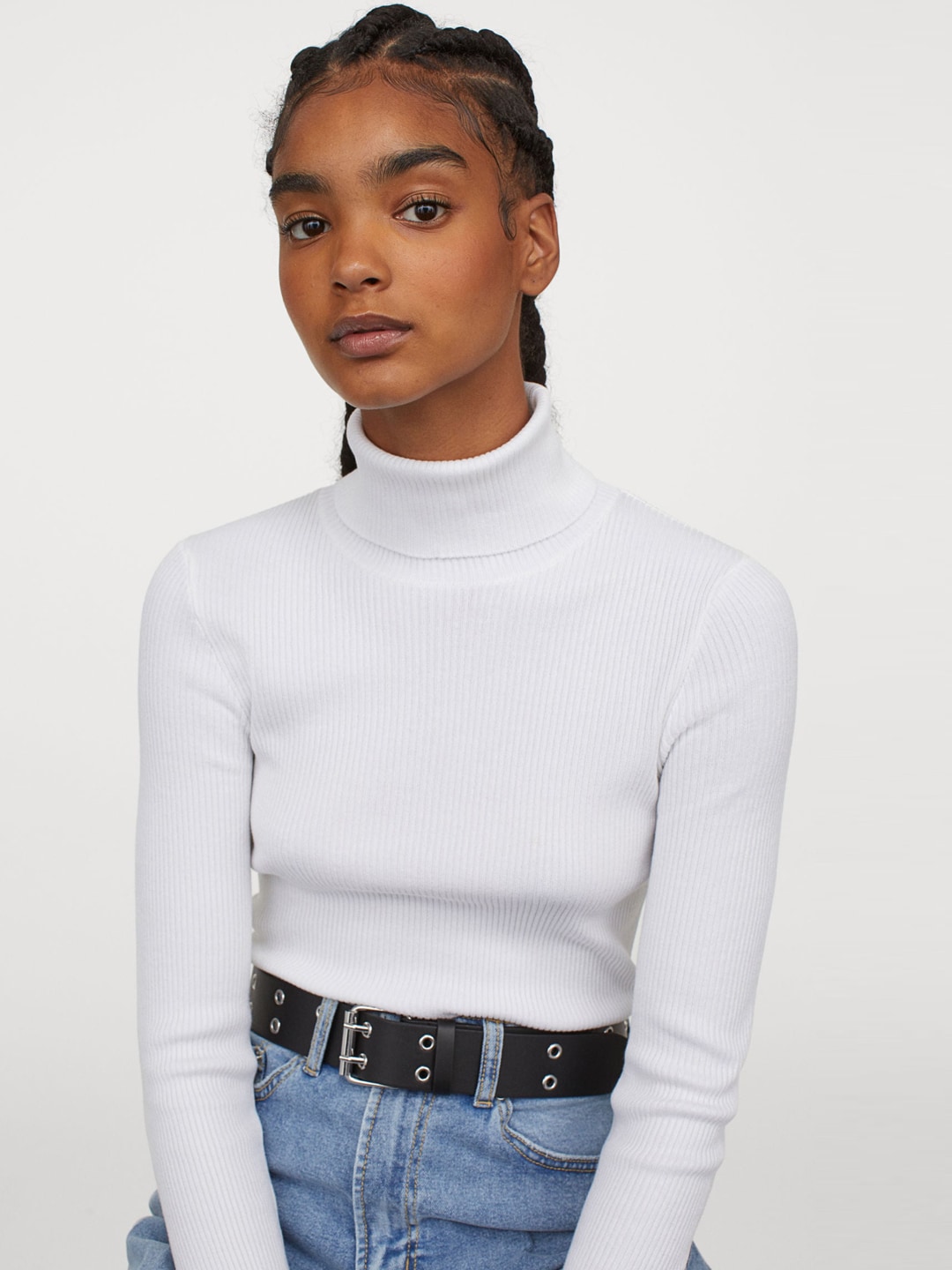 H&M Women White Solid Rib-Knit Polo-Neck Jumper Price in India