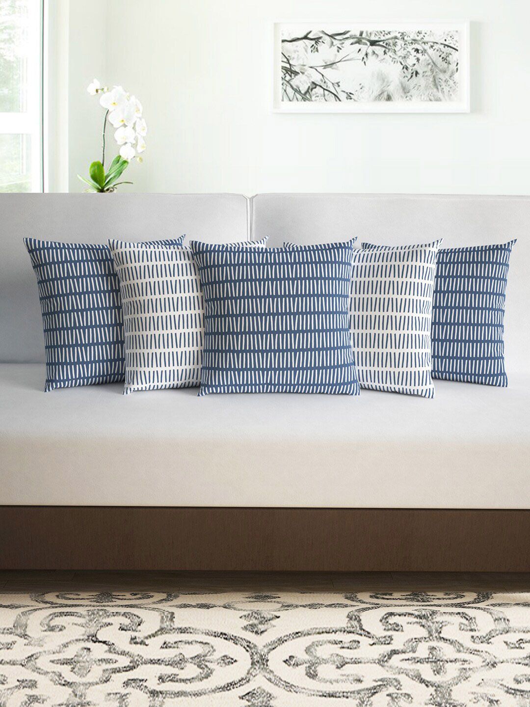 Divine Casa Blue & White Set of 5 Abstract Square Cushion Covers Price in India