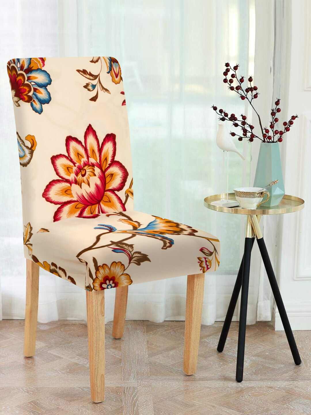 Cortina Beige Floral Print Chair Cover Price in India