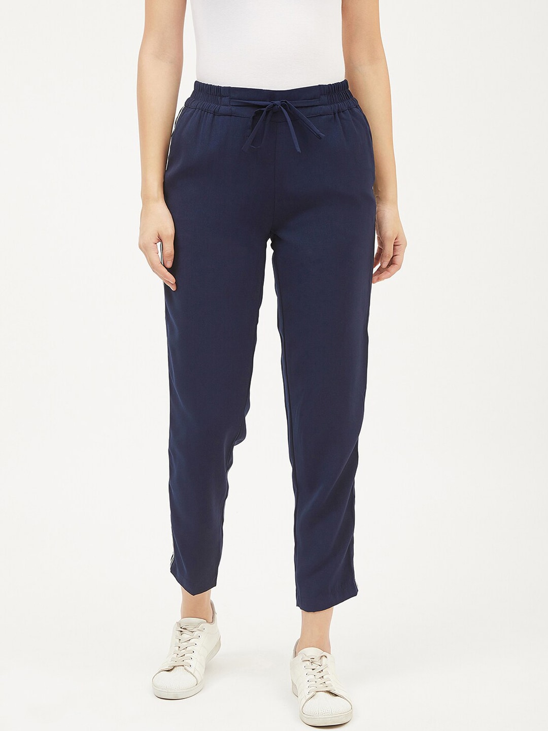 Harpa Women Navy Blue Smart Regular Fit Solid Trousers Price in India