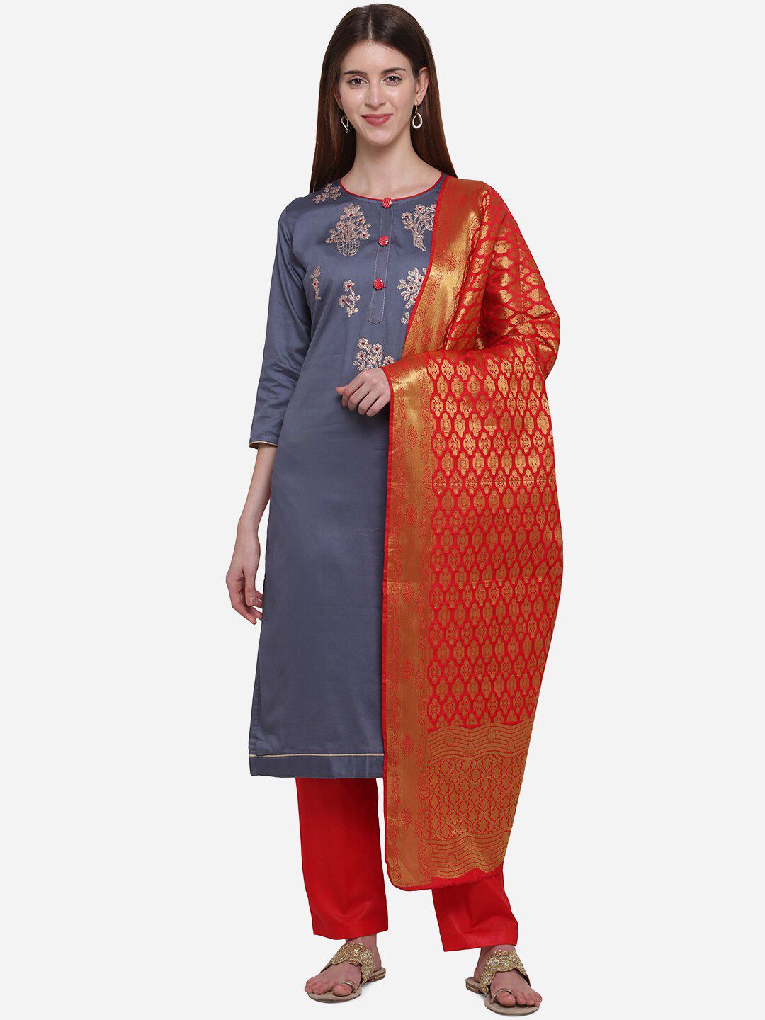 DIVASTRI Grey & Red Cotton Blend Unstitched Dress Material Price in India