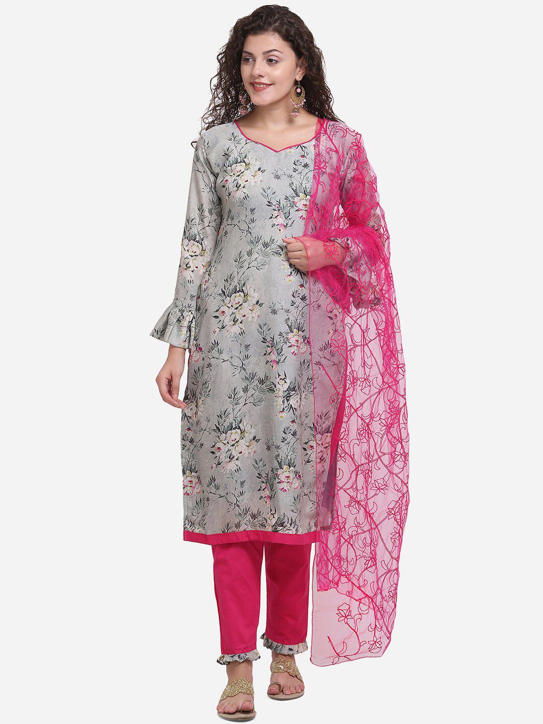 DIVASTRI Grey & Pink Satin Unstitched Dress Material Price in India