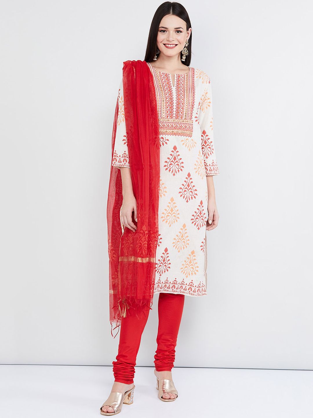 max Women Off-White & Red Printed Kurta with Churidar & Dupatta