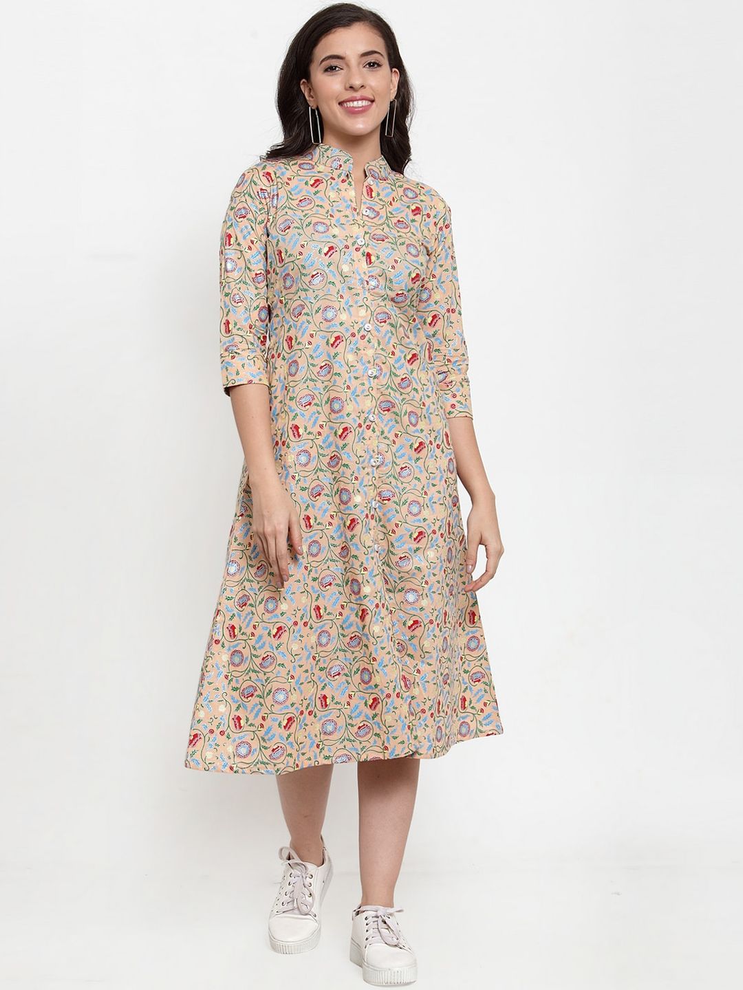 Indibelle Women Peach-Coloured Floral Printed A-Line Ethnic Dress