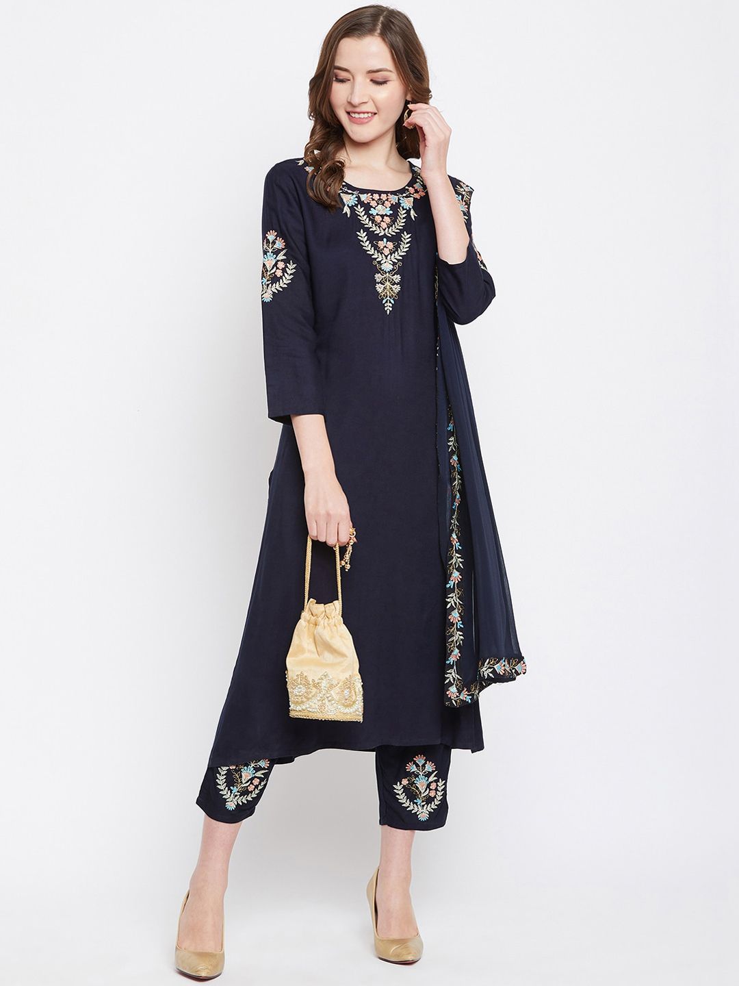 Prakhya Women Navy Blue Embroidered Kurta with Trousers & Dupatta