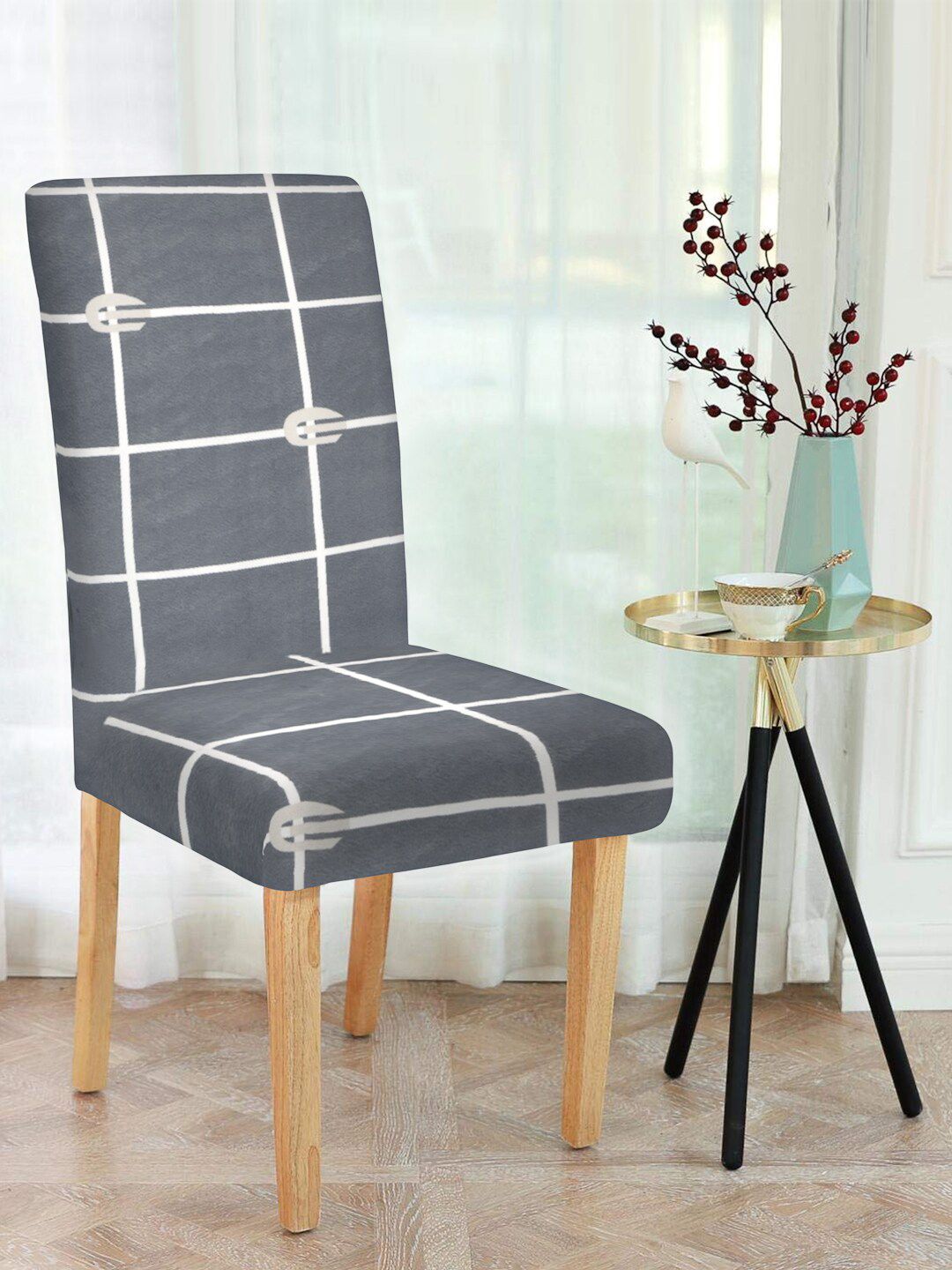 Cortina Grey & White 4 Pcs Checked Chair Cover Set Price in India