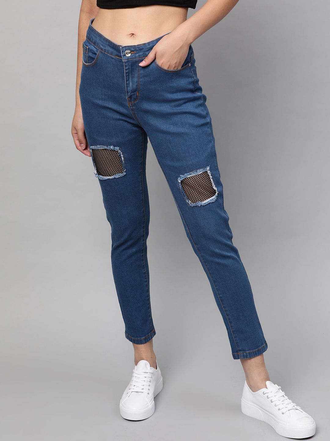 STREET 9 Women Blue Skinny Fit Mid-Rise Mildly Distressed Stretchable Jeans Price in India