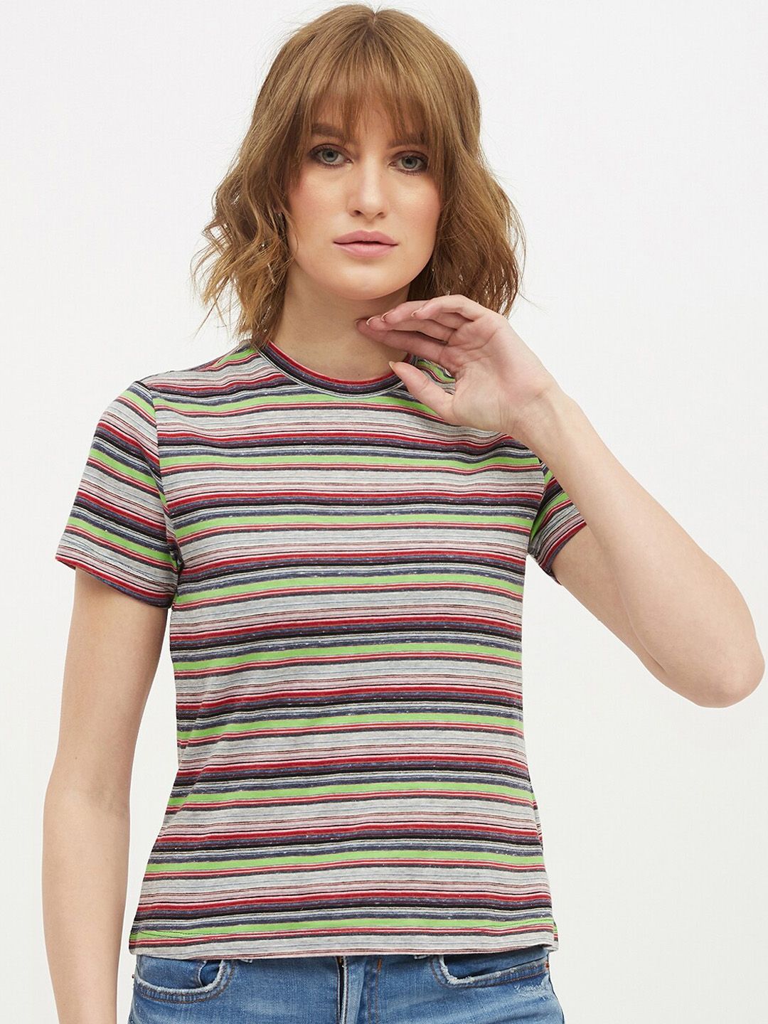 Harpa Women Blue & Grey Striped Round Neck T-shirt