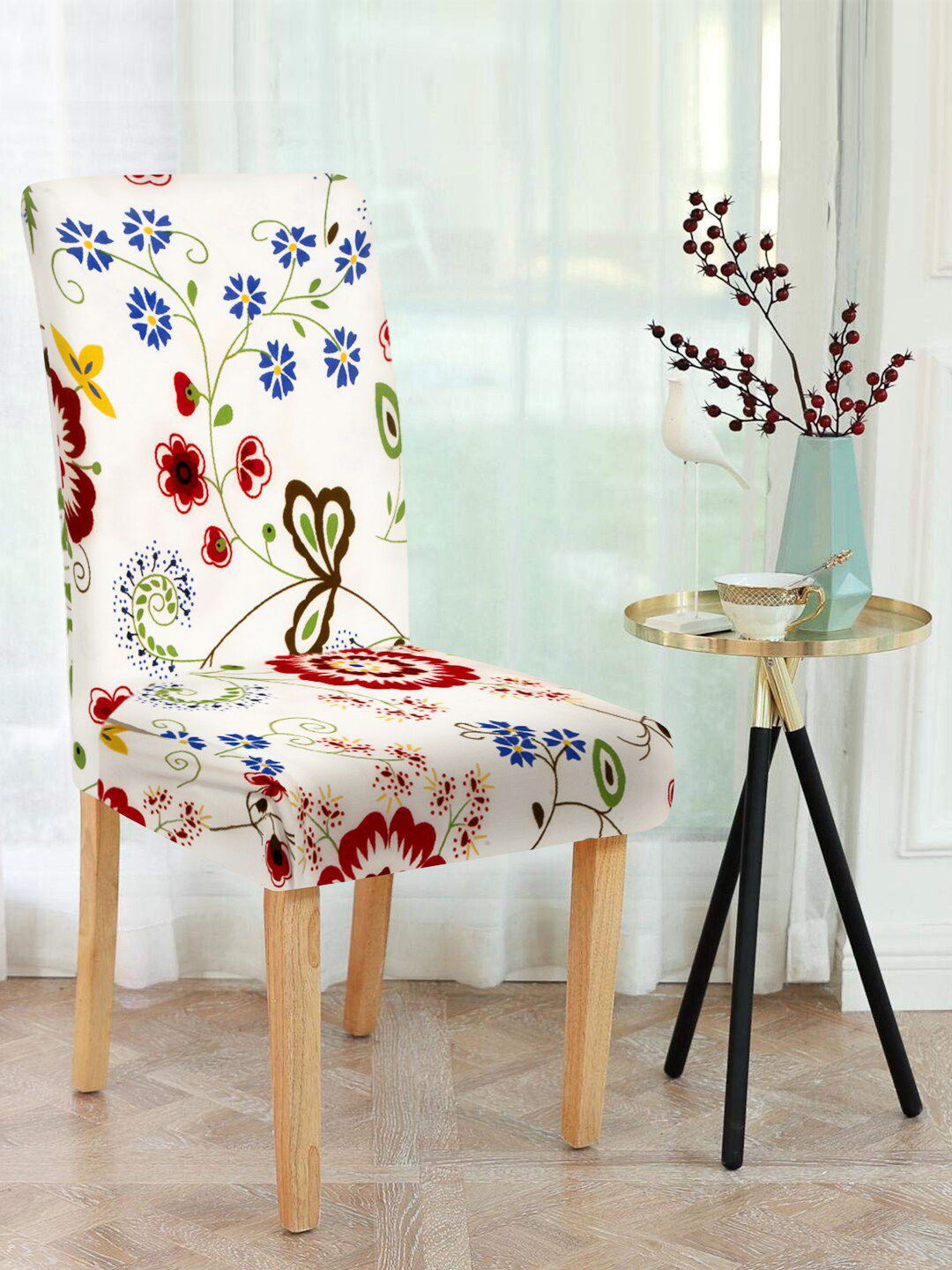 Cortina Set of 4 White & Blue Floral Print Chair Covers Price in India