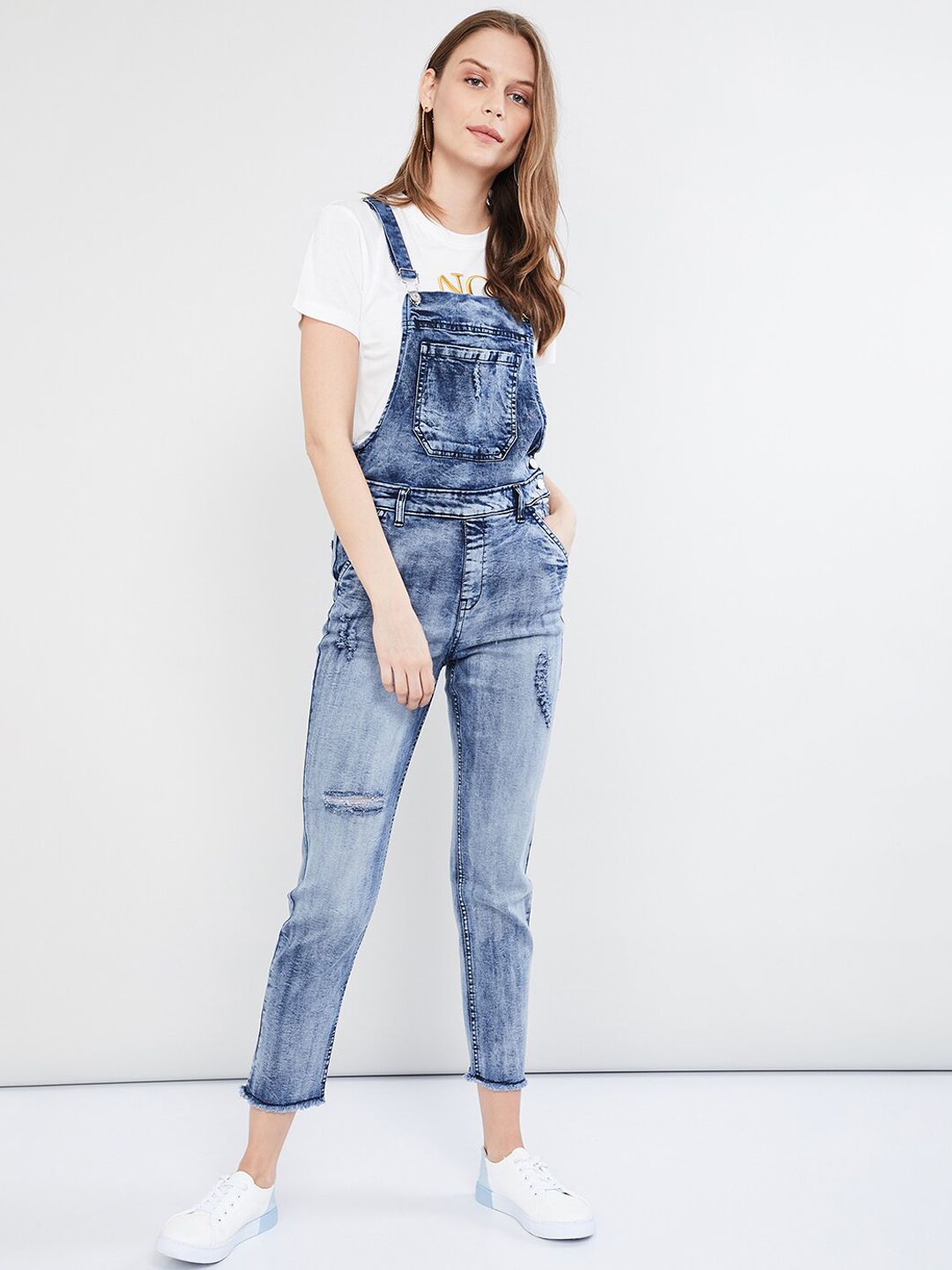 max Women Blue Solid Dungarees