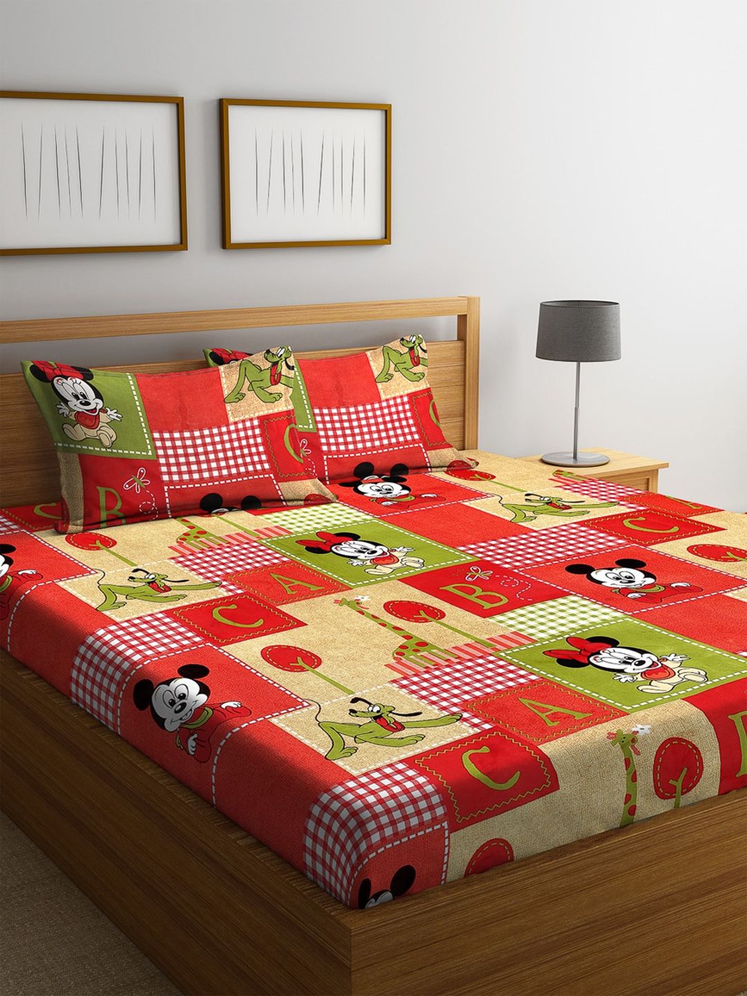 ROMEE Red & Green Cartoon Characters 144 TC Cotton 1 Queen Bedsheet with 2 Pillow Covers Price in India