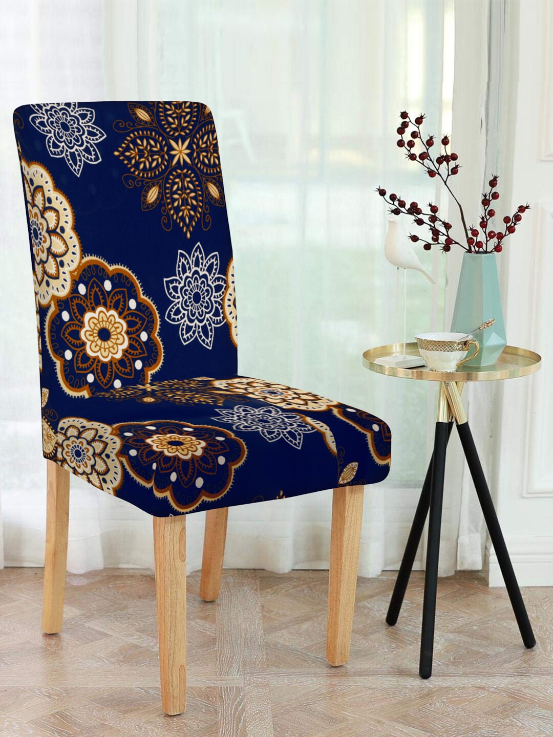 Cortina Navy Blue & Beige Printed Chair Cover Price in India