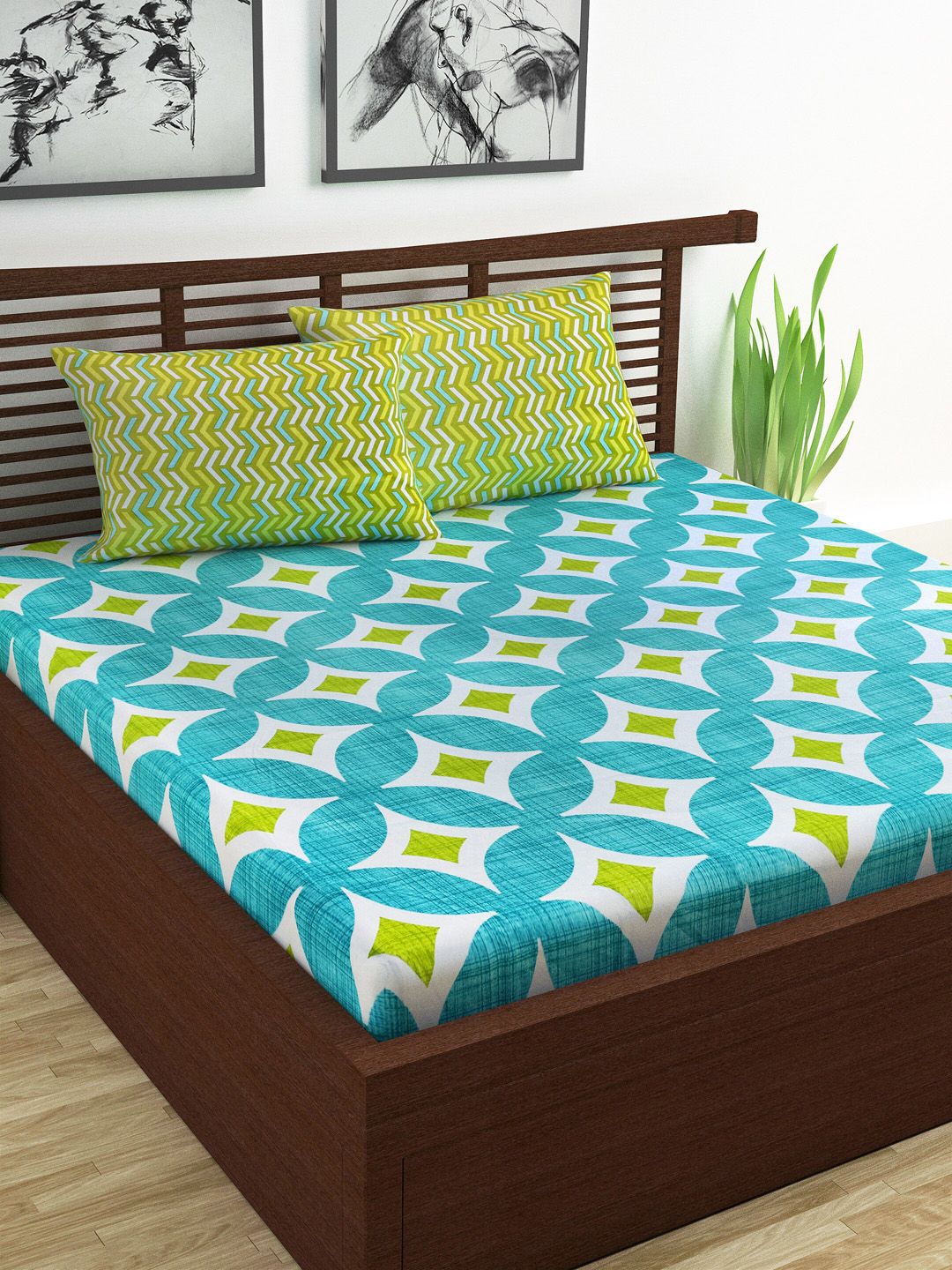 Divine Casa Blue & Green Ethnic Motifs 144 TC Cotton 1 Queen Bedsheet with 2 Pillow Covers Price in India