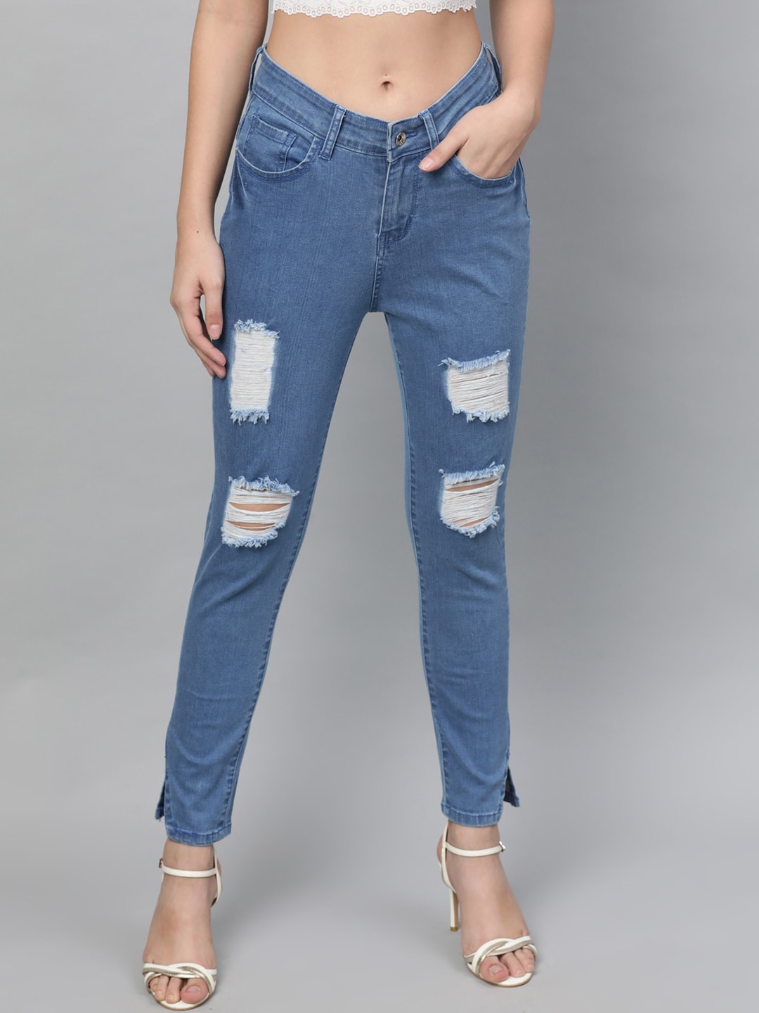 STREET 9 Women Blue Skinny Fit Mid-Rise Highly Distressed Stretchable Jeans Price in India