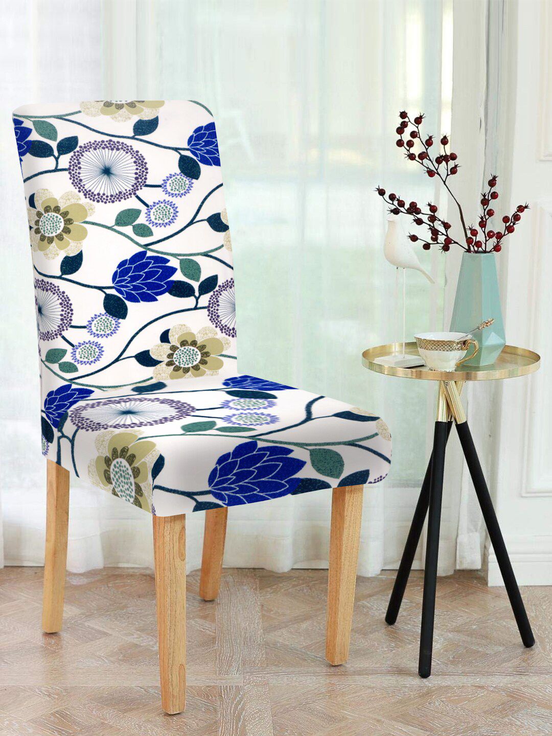 Cortina Set of 6 White & Blue Floral Print Chair Covers Price in India