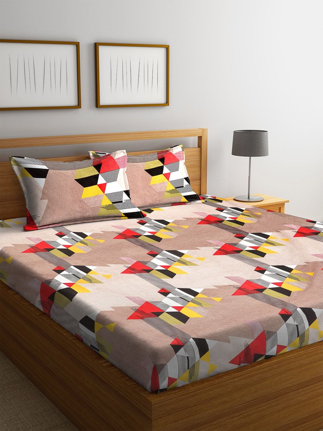 ROMEE Brown & Multicoloured Geometric 144 TC Cotton 1 Queen Bedsheet with 2 Pillow Covers Price in India