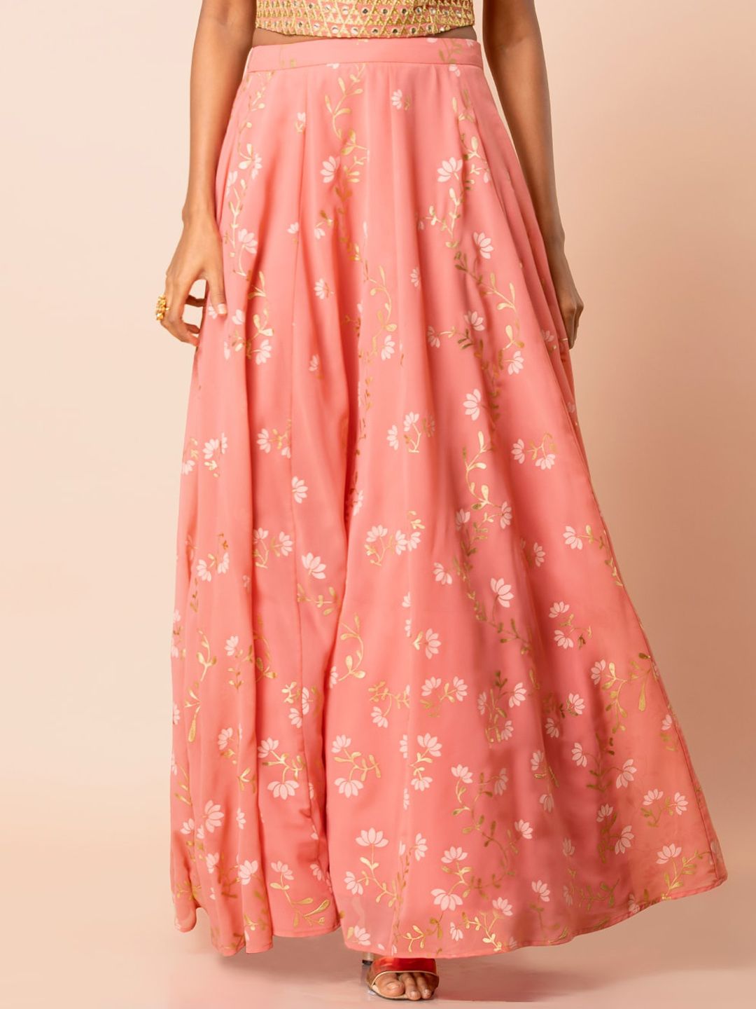 INDYA Women Pink & Gold-Coloured Foil Printed Flared Cancan Maxi Skirt