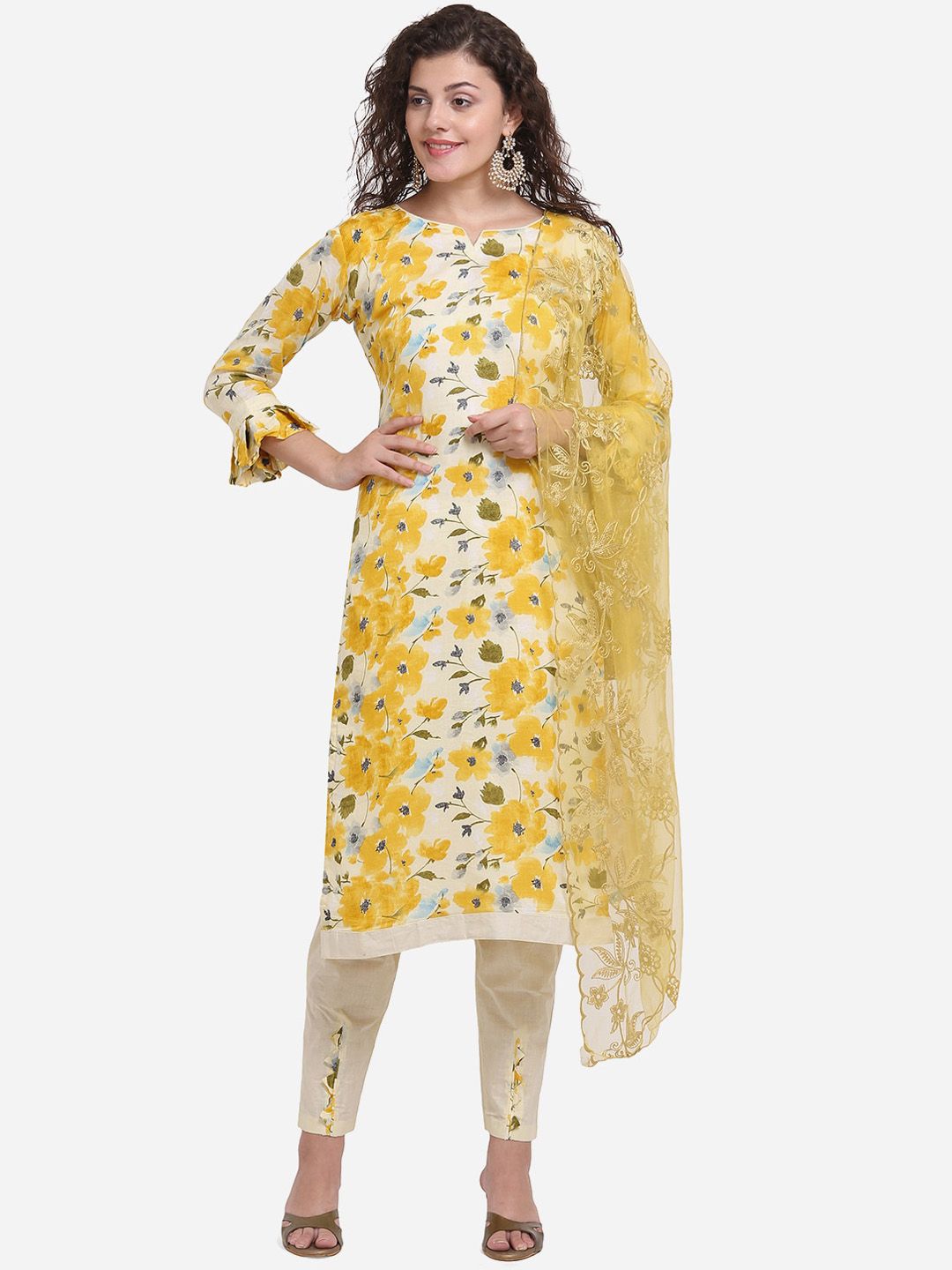 DIVASTRI Yellow & Cream-Coloured Cotton Blend Unstitched Dress Material Price in India