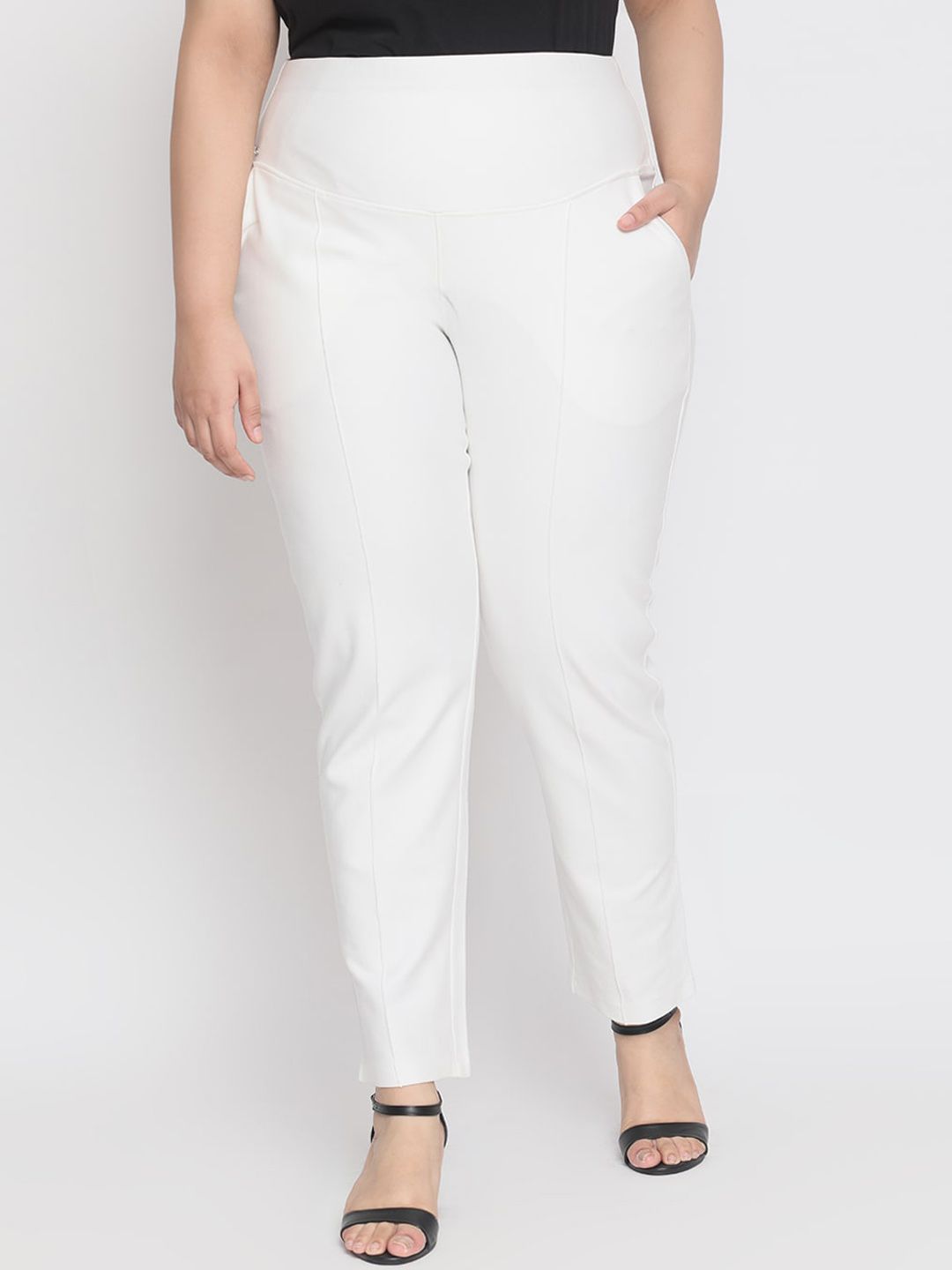 Amydus Women Plus Size White Regular Fit Solid Regular Trousers Price in India