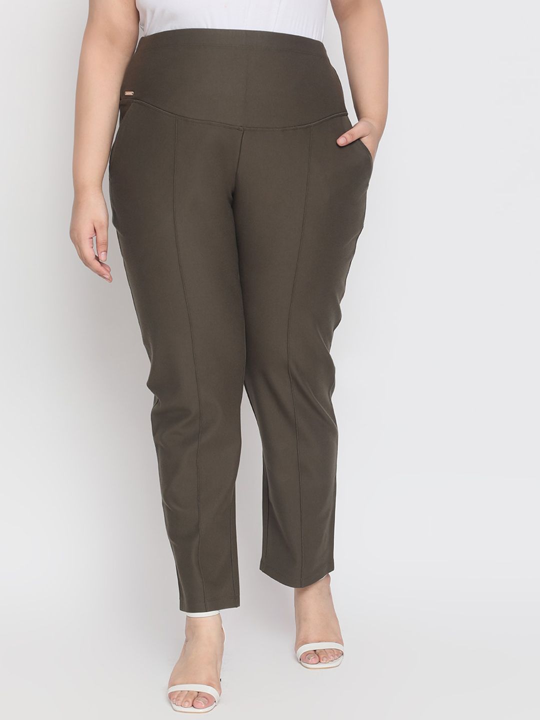 Amydus Women Plus Size Olive Green Regular Fit Solid Regular Trousers Price in India