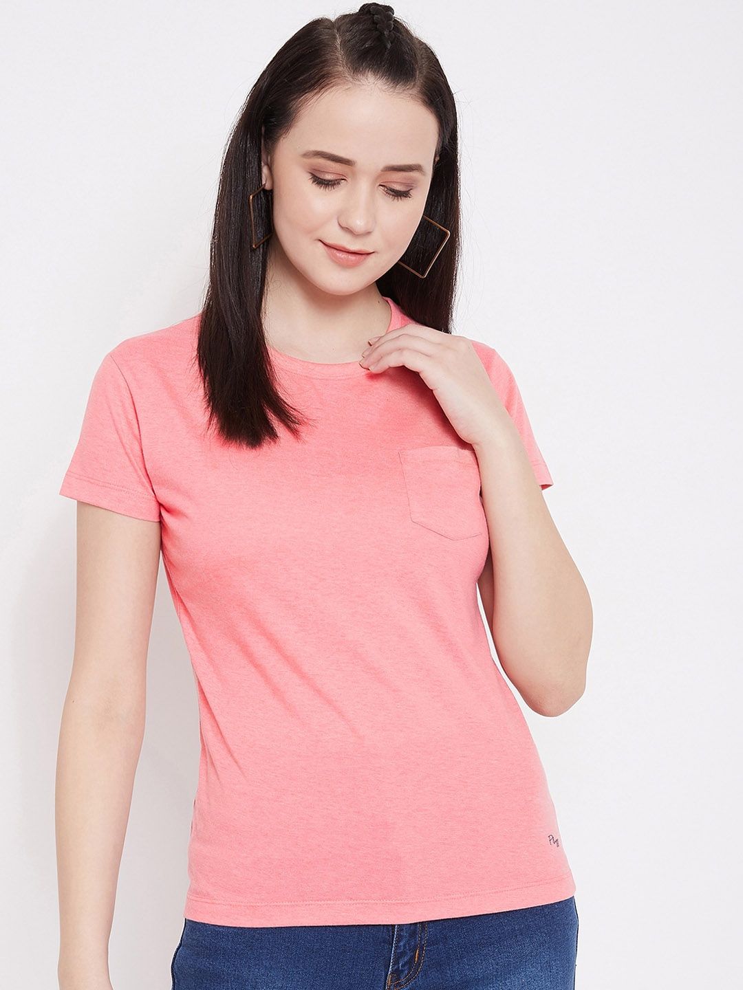 Plagg Women Peach-Coloured Solid Round Neck T-shirt