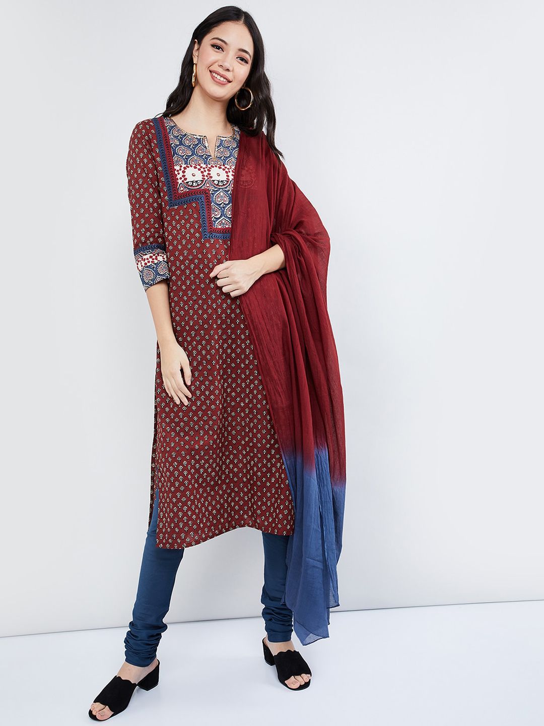 max Women Maroon & Blue Printed Kurta with Churidar & Dupatta