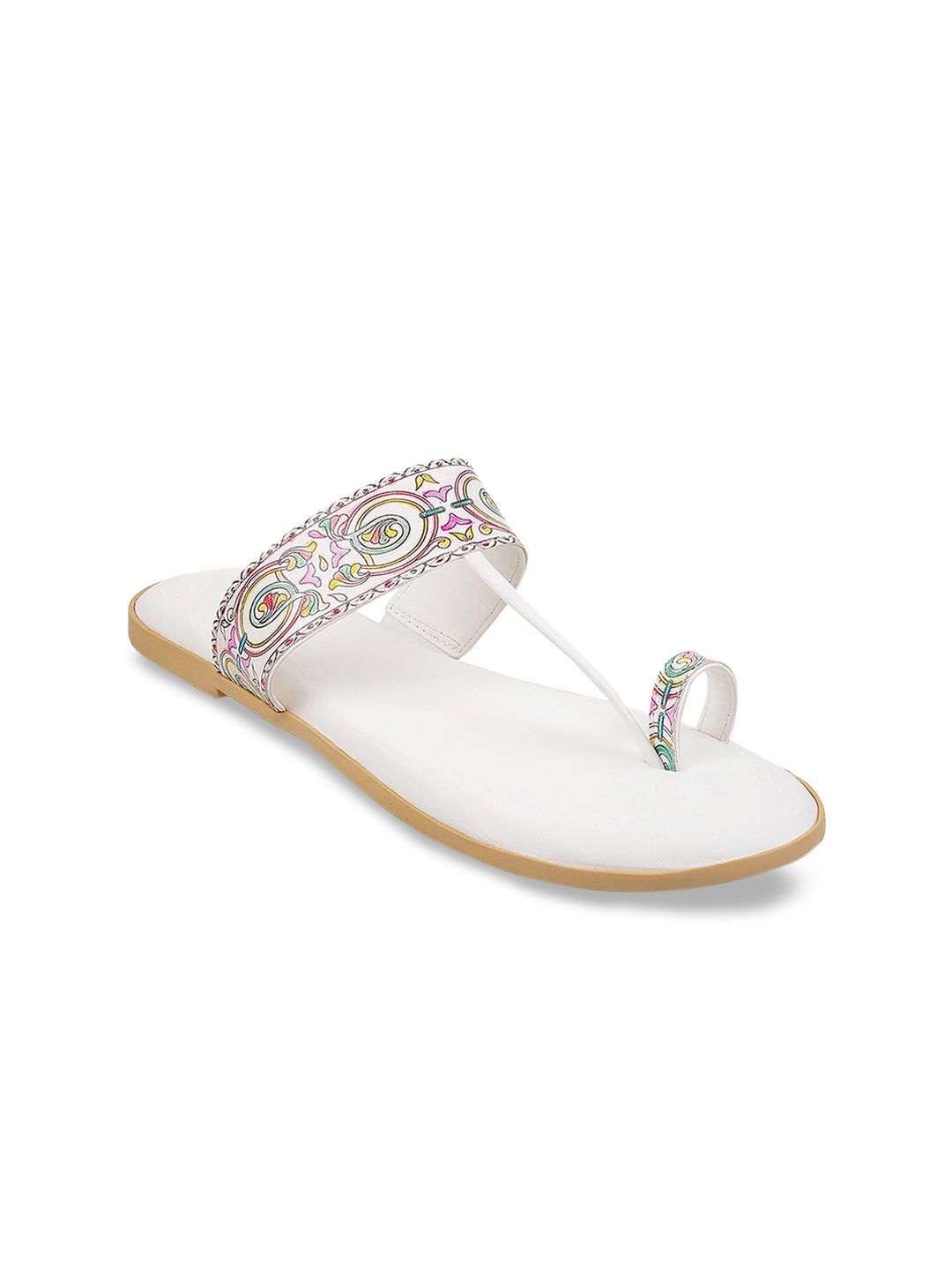 Mochi Women White Printed One Toe Flats Price in India