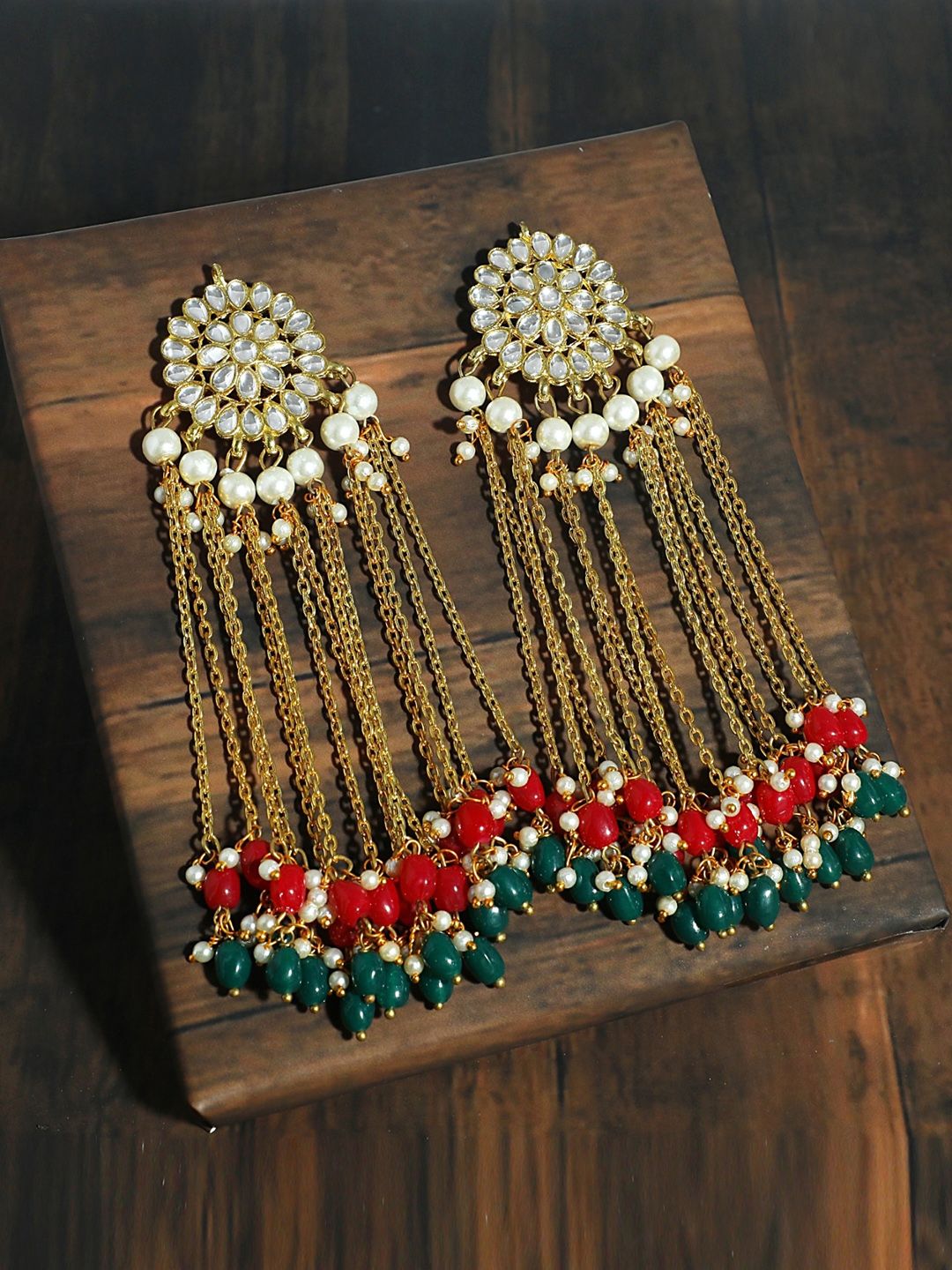 KARATCART Gold-Plated & Maroon Contemporary Drop Earrings Price in India