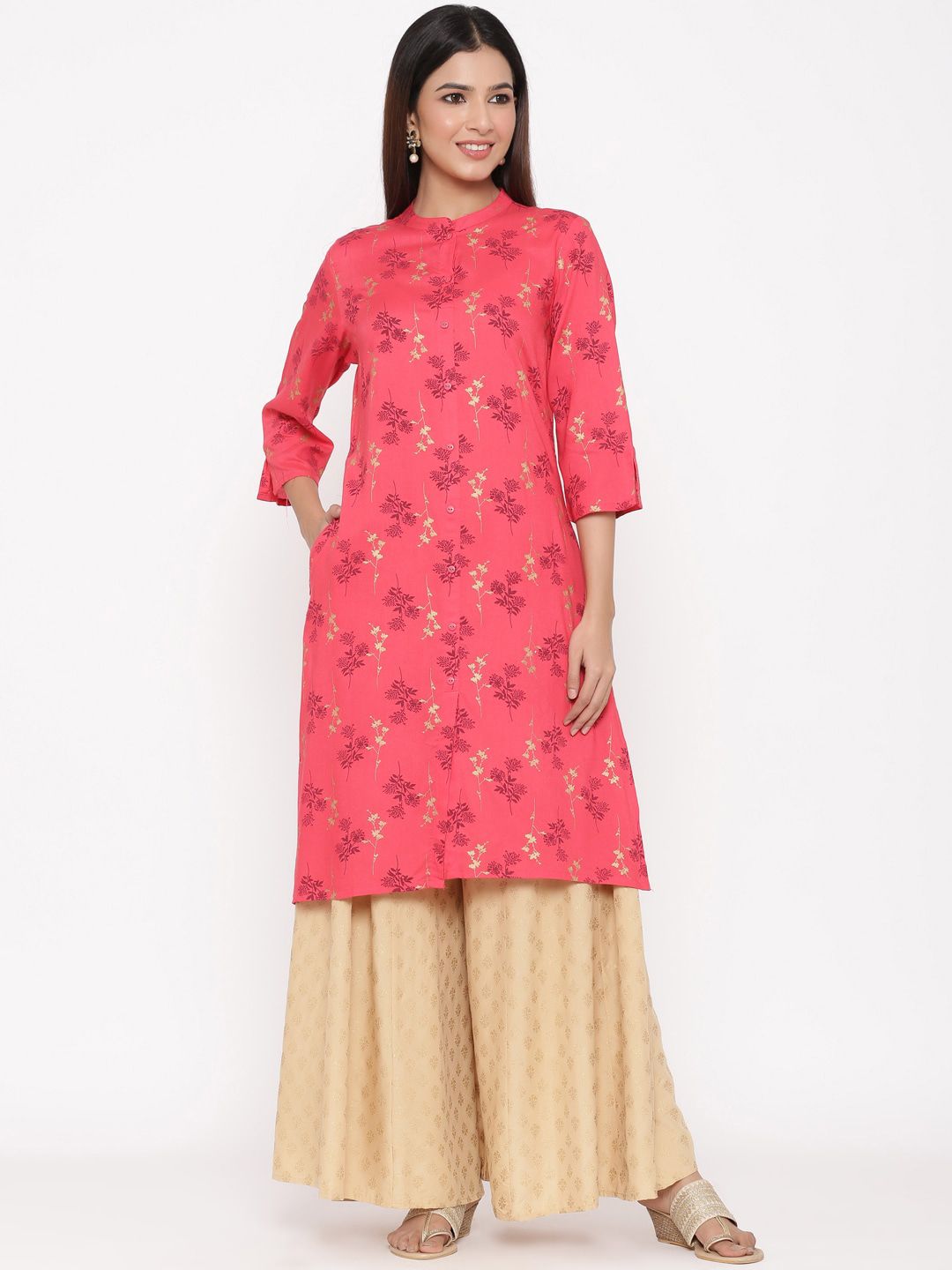 Juniper Women Coral Pink & Maroon Floral Print Straight Kurta