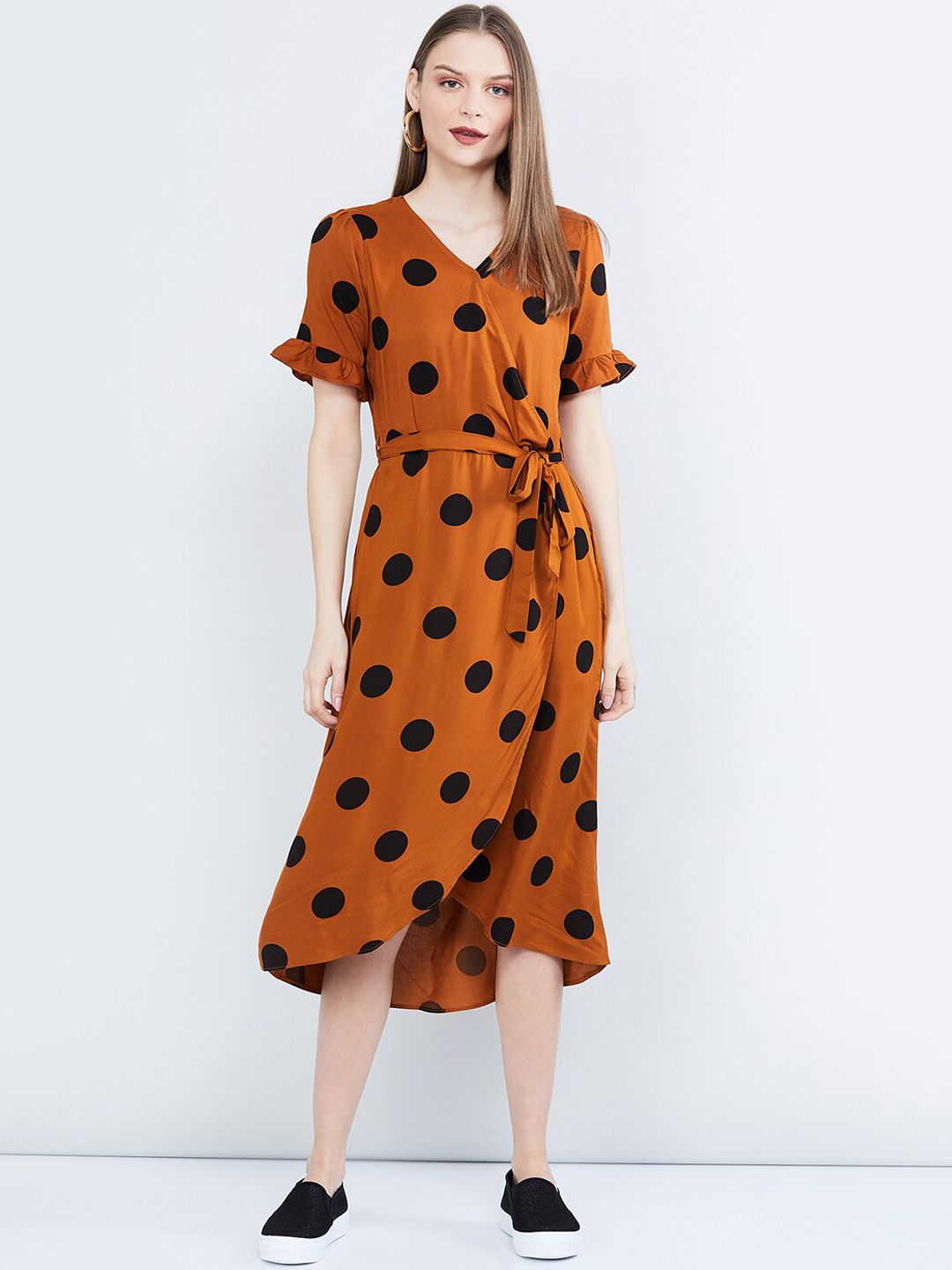 max Women Brown Polka Dots Printed A-Line Dress