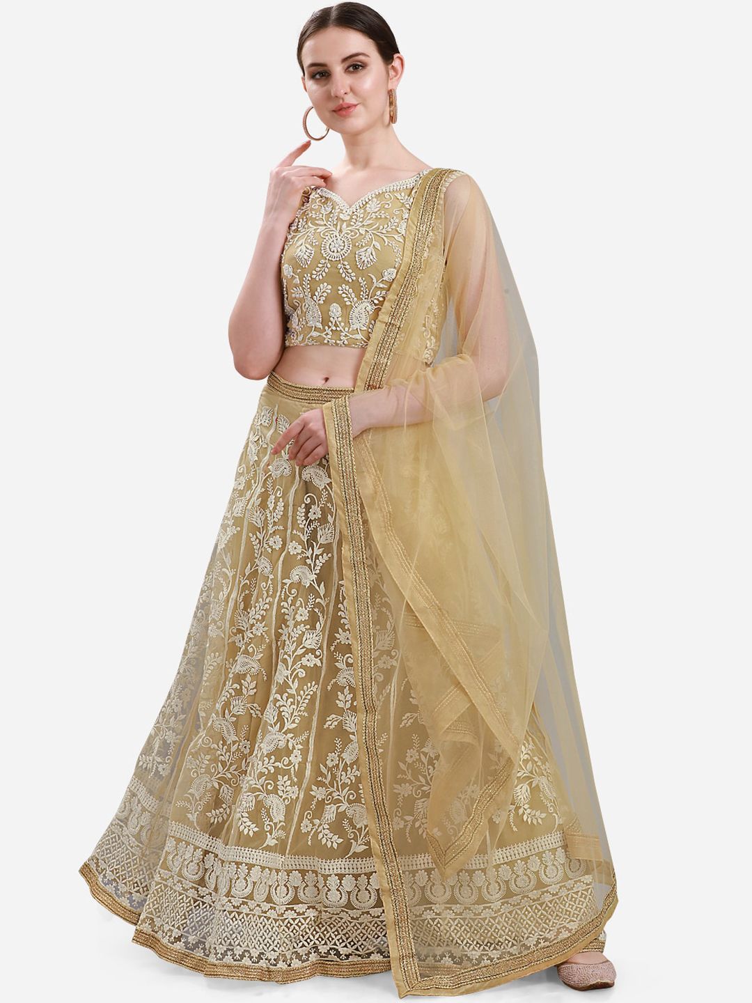 Mitera Beige & Off-White Ready to Wear Lehenga & Semi-Stitched Blouse with Dupatta