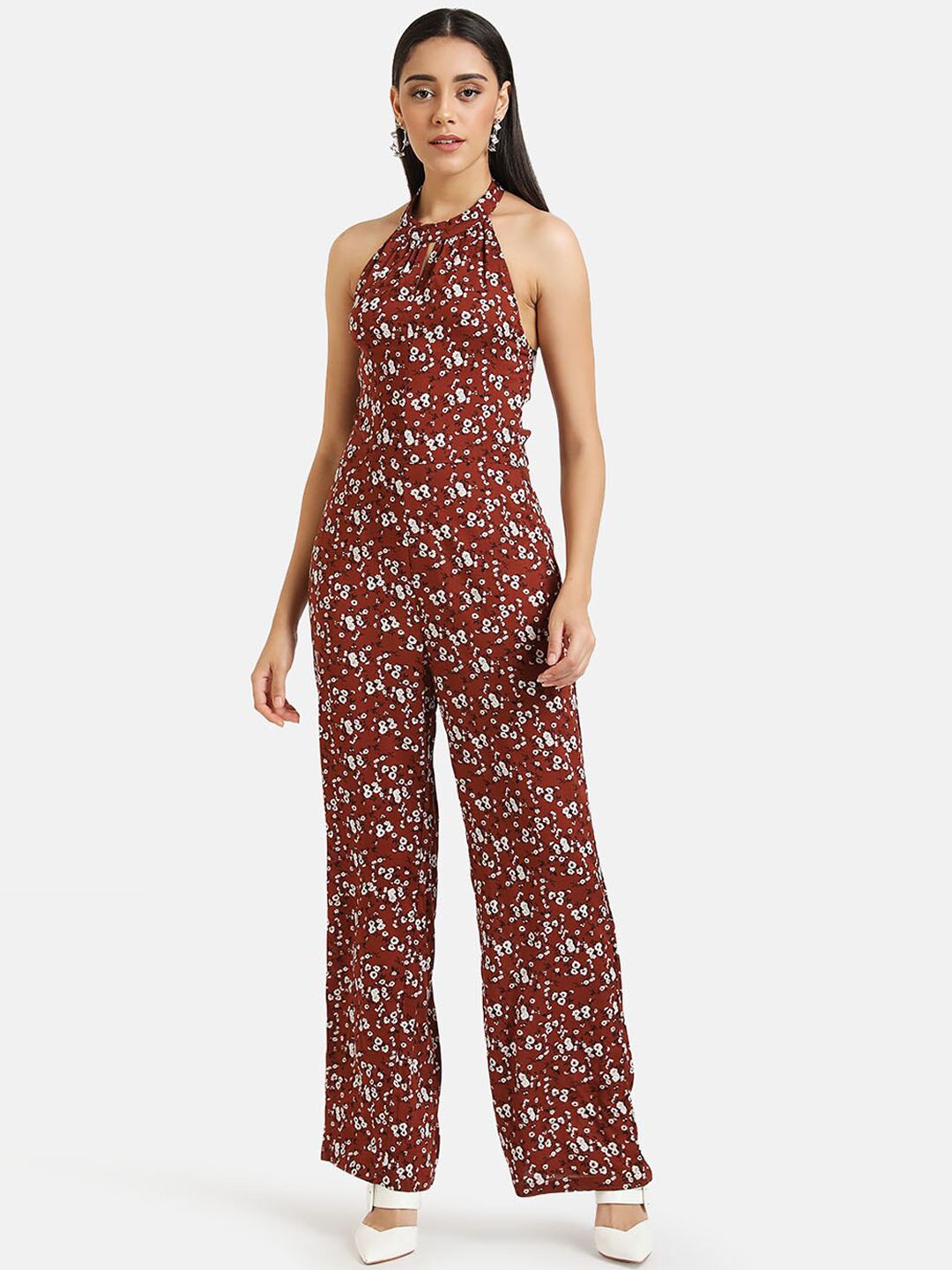 Kazo Women Brown & Off-White Floral Printed Basic Jumpsuit Price in India