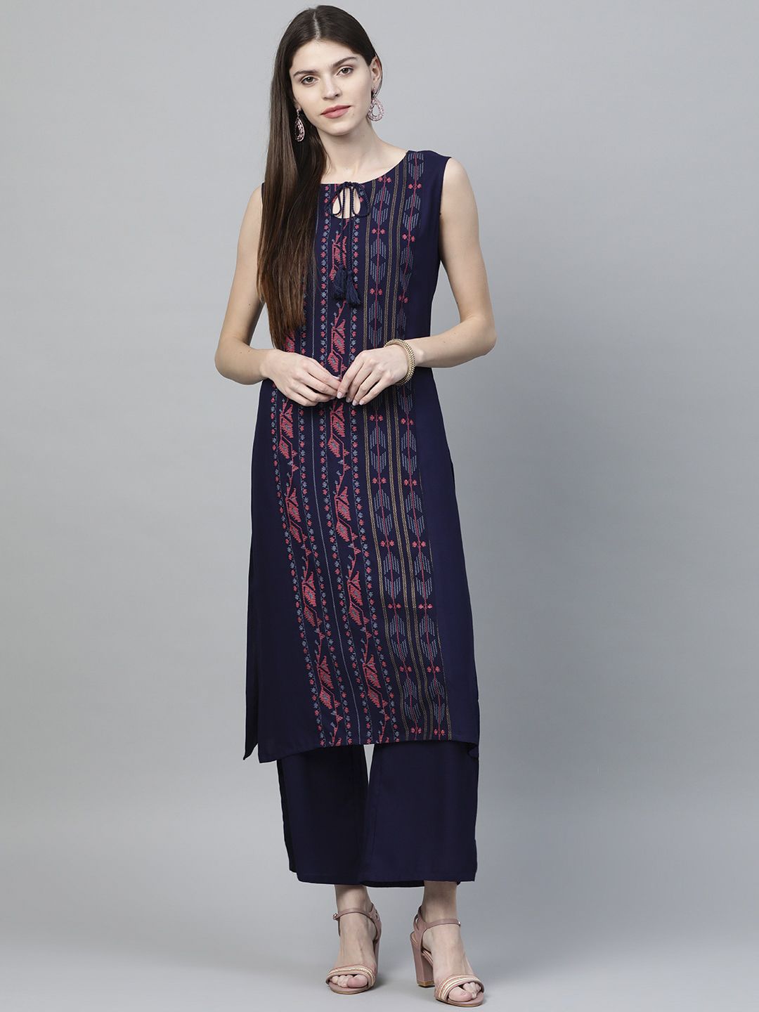 ZIYAA Women Navy Blue & Red Printed Straight Kurta