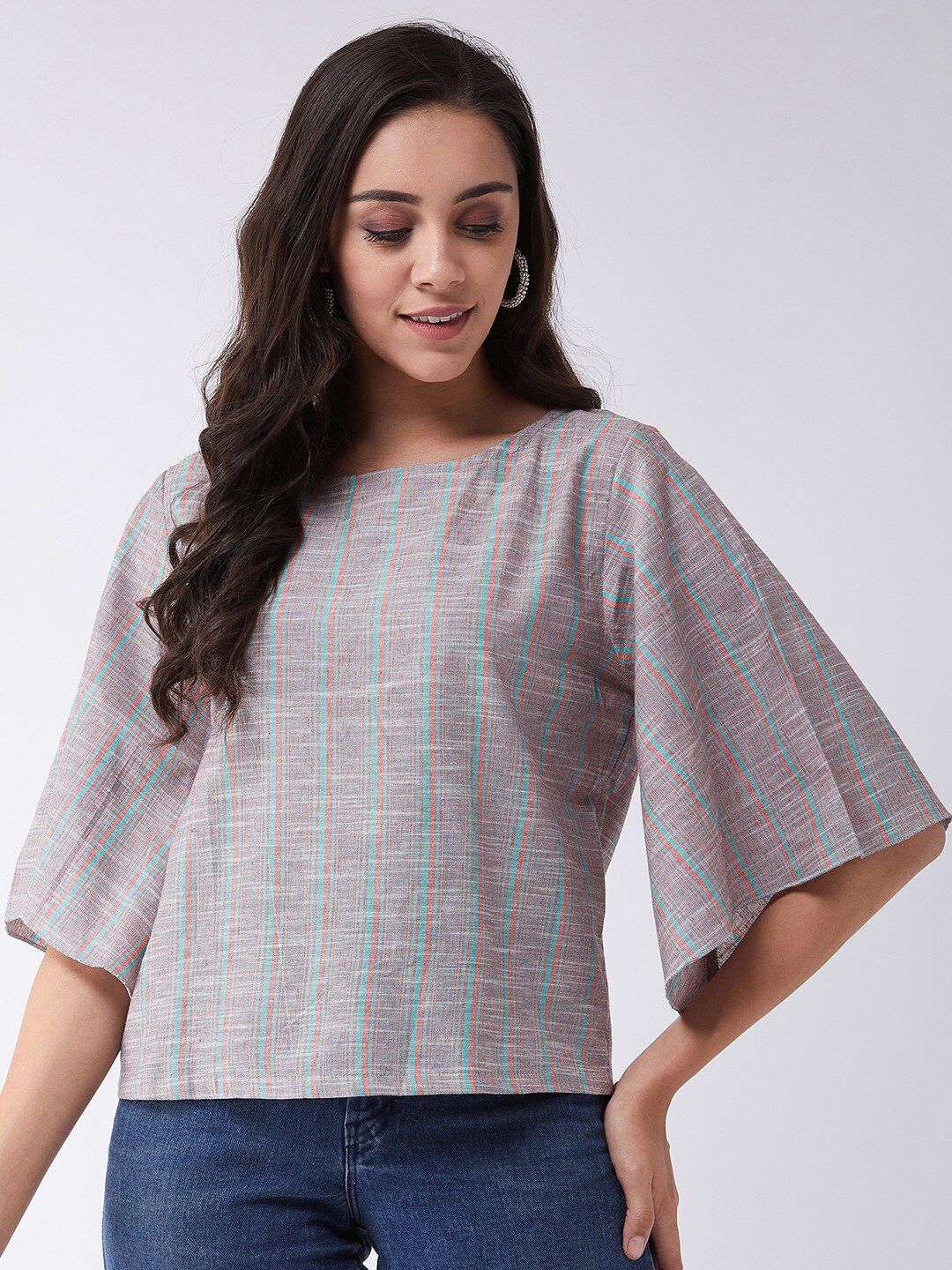 InWeave Women Grey & Blue Striped Boxy Top