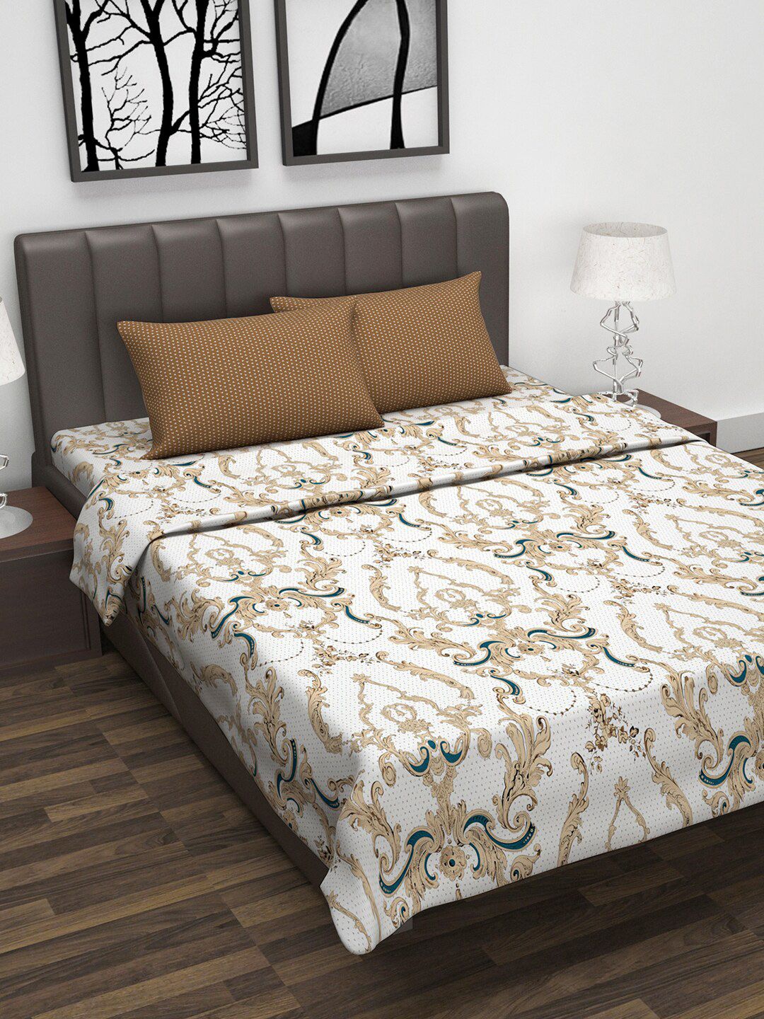 Divine Casa White & Beige Ethnic Motifs Printed Double Queen Bedsheet With 2 Pillow Covers & Dohar Price in India