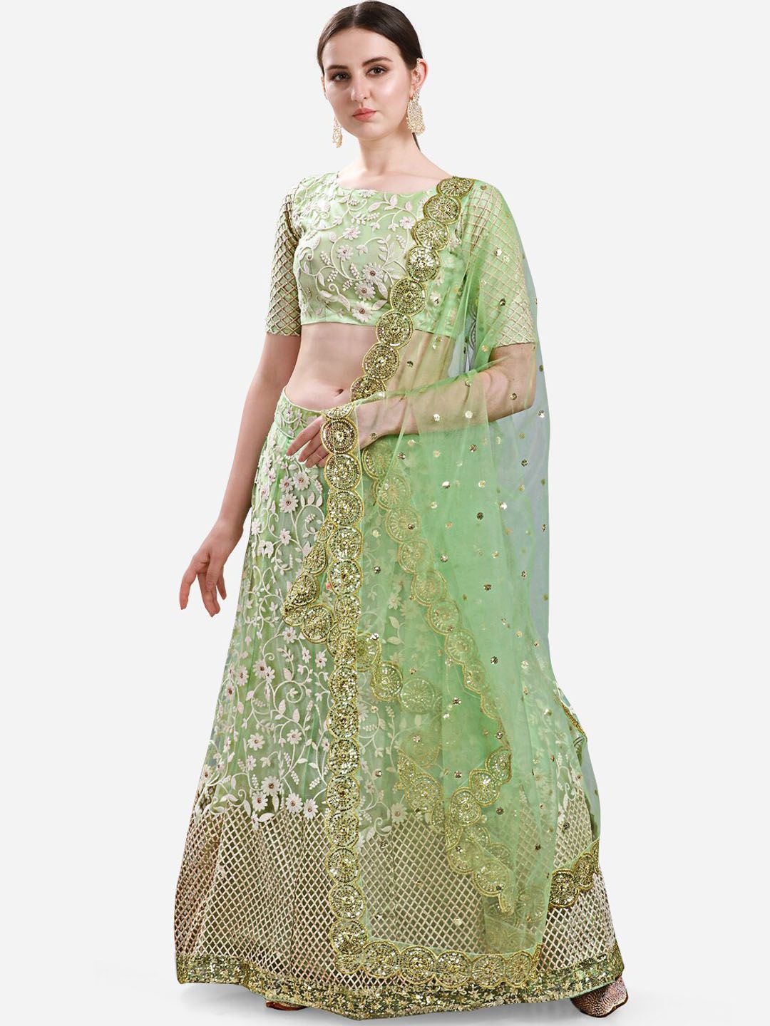 Mitera Green & Gold-Coloured Ready to Wear Lehenga & Semi-Stitched Blouse with Dupatta