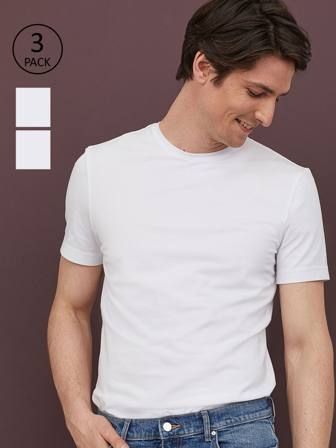 H&M Men White Solid 3-Pack T-shirts Slim Fit