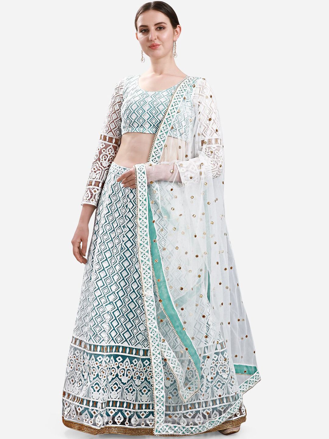 Mitera Turquoise Blue & White Ready to Wear Lehenga & Semi-Stitched Blouse with Dupatta