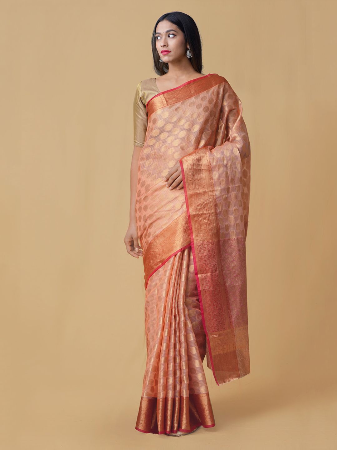 Unnati Silks Orange Silk Pure Kota Banarasi Saree