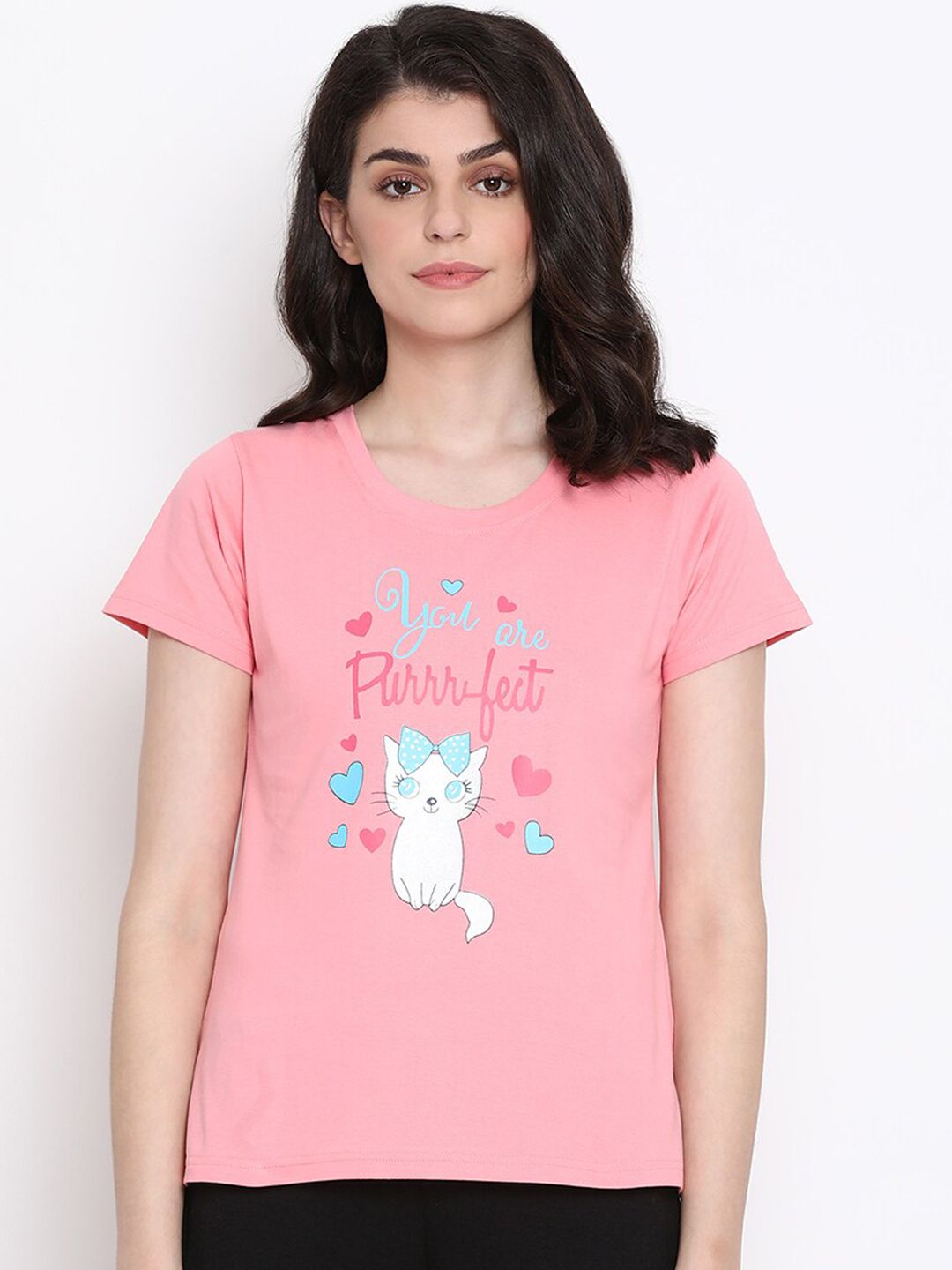 Clovia Women Pink & Blue Printed Lounge T-shirt Price in India