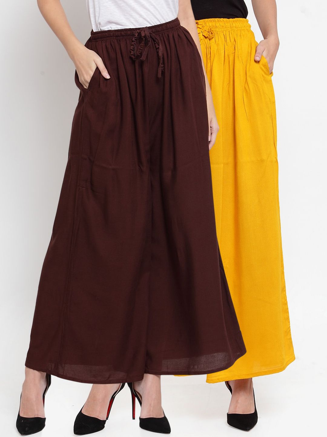 Clora Creation Women Pack Of 2 Yellow & Brown Solid Wide Leg Palazzos Price in India