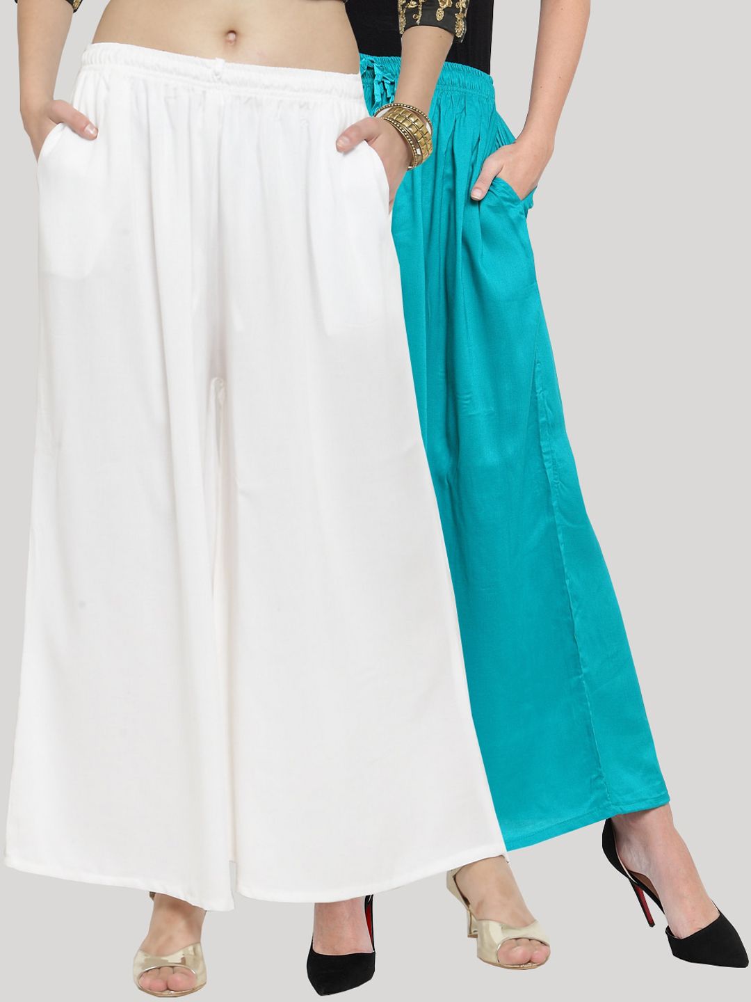 Clora Creation Women Pack Of 2 White & Turquoise Blue Solid Wide Leg Palazzos Price in India