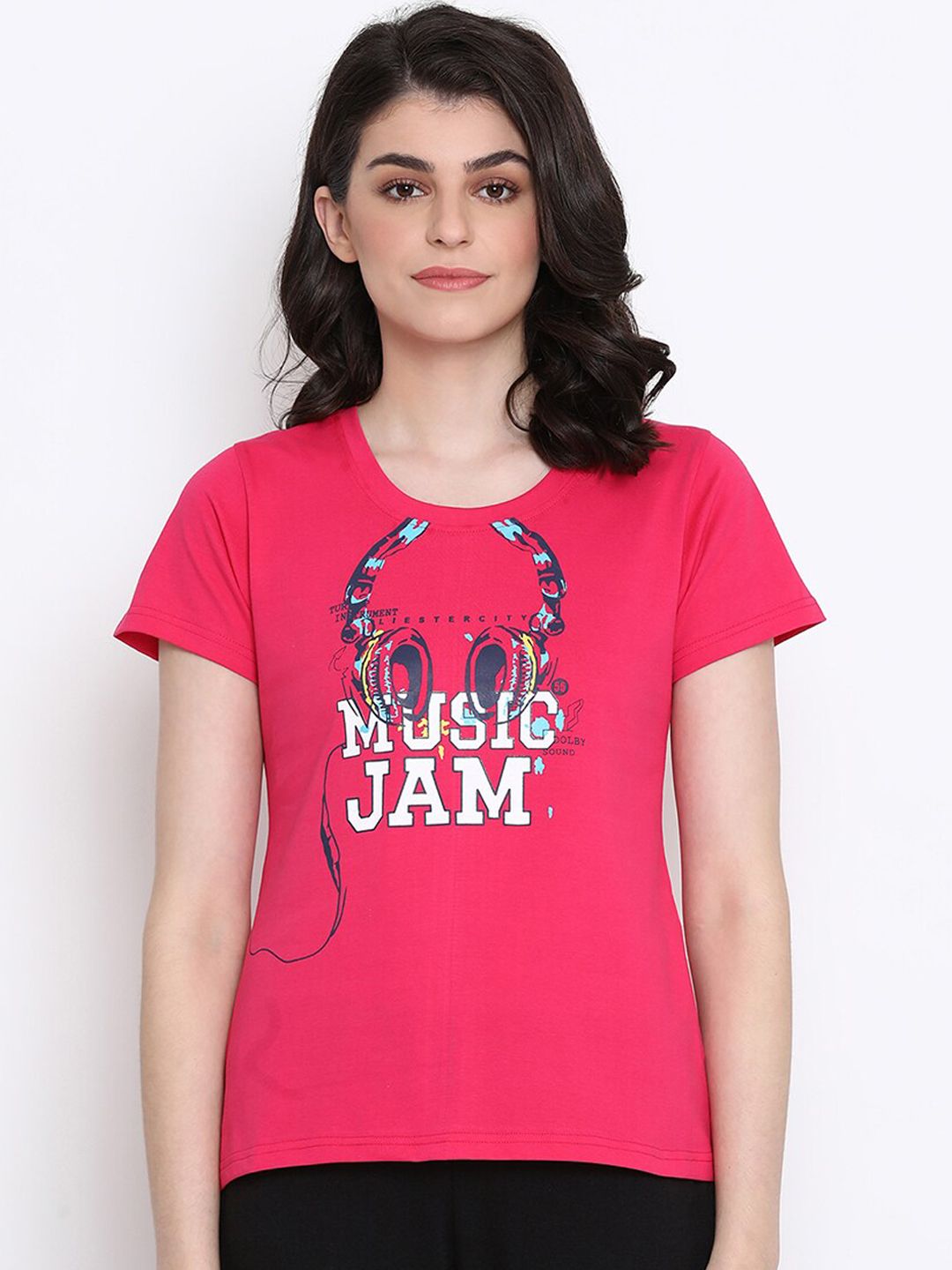 Clovia Women Pink & White Music Magic Printed Lounge T-shirt Price in India